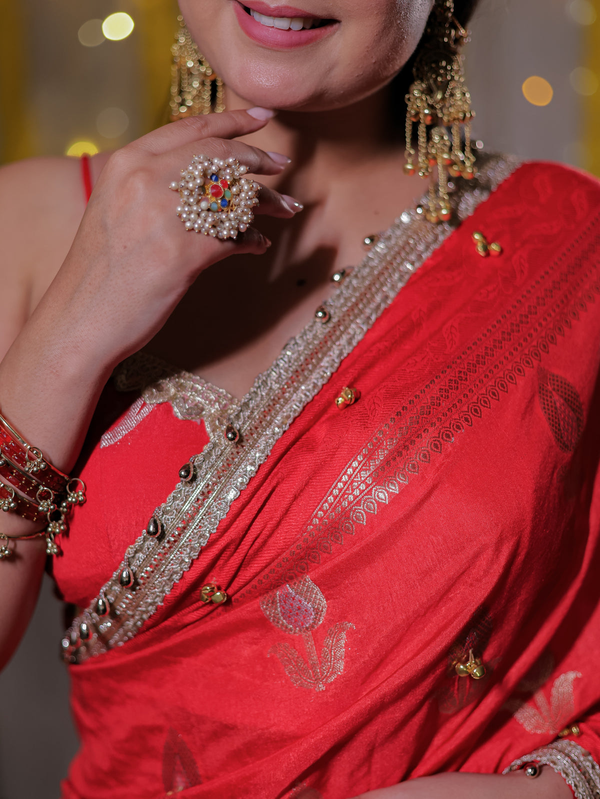 Banarasi Ghungroo Work Silk Saree with Lace Border - Red