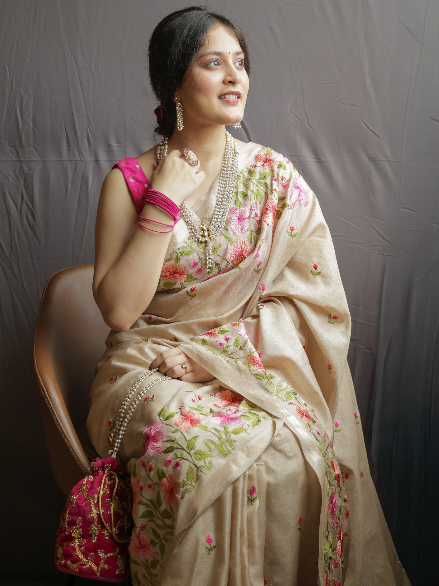 Floral Embroidered Tassar Silk Saree- Beige