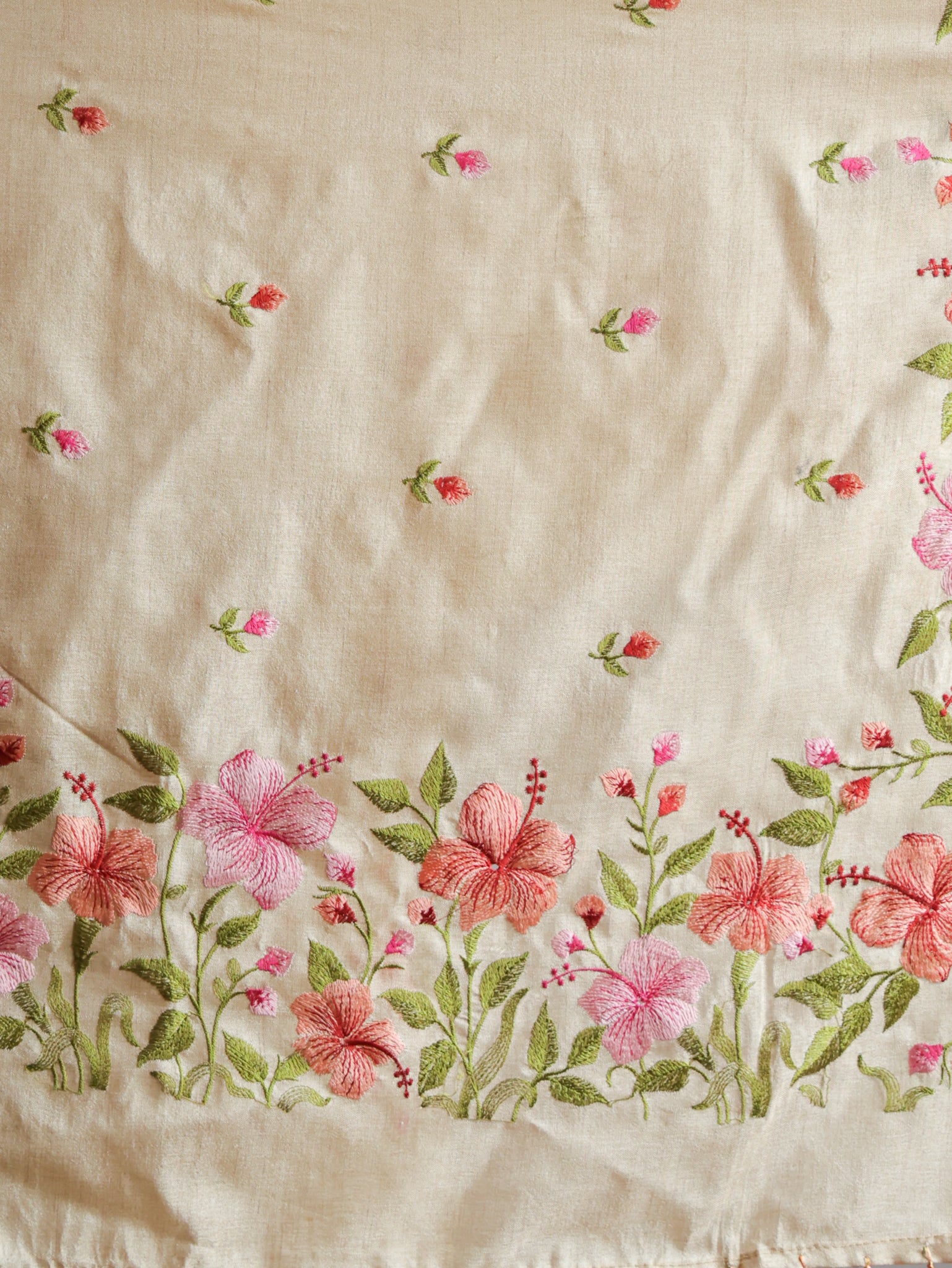 Floral Embroidered Tassar Silk Saree- Beige