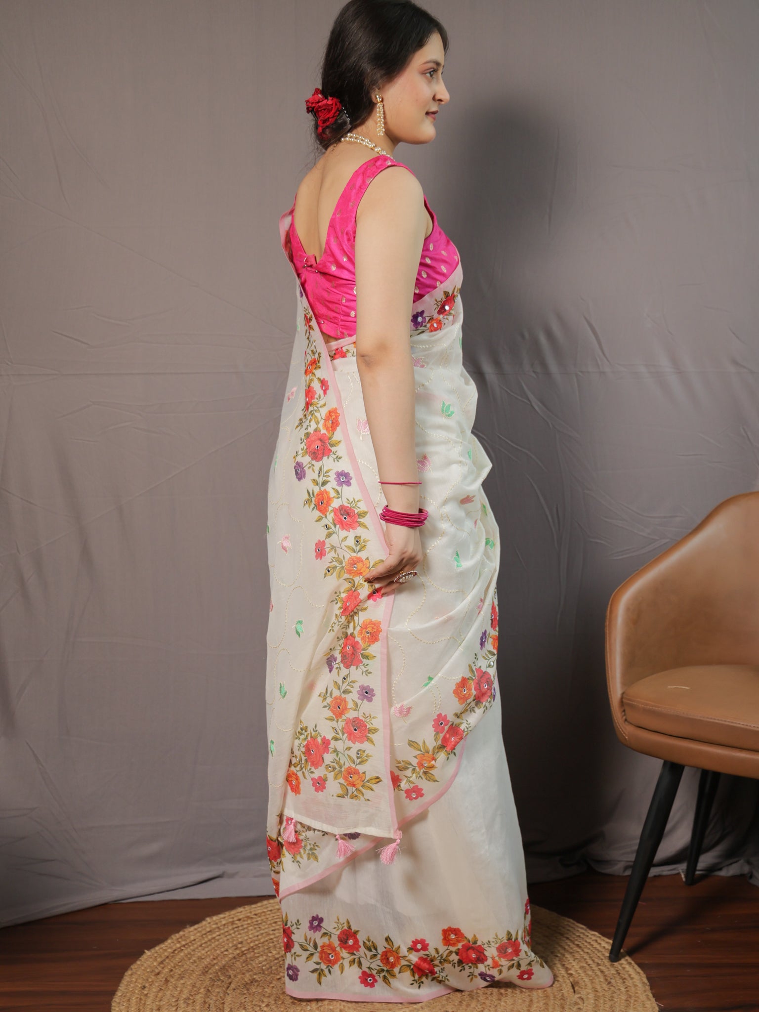 Floral Cotton Saree with Mirror Work- White