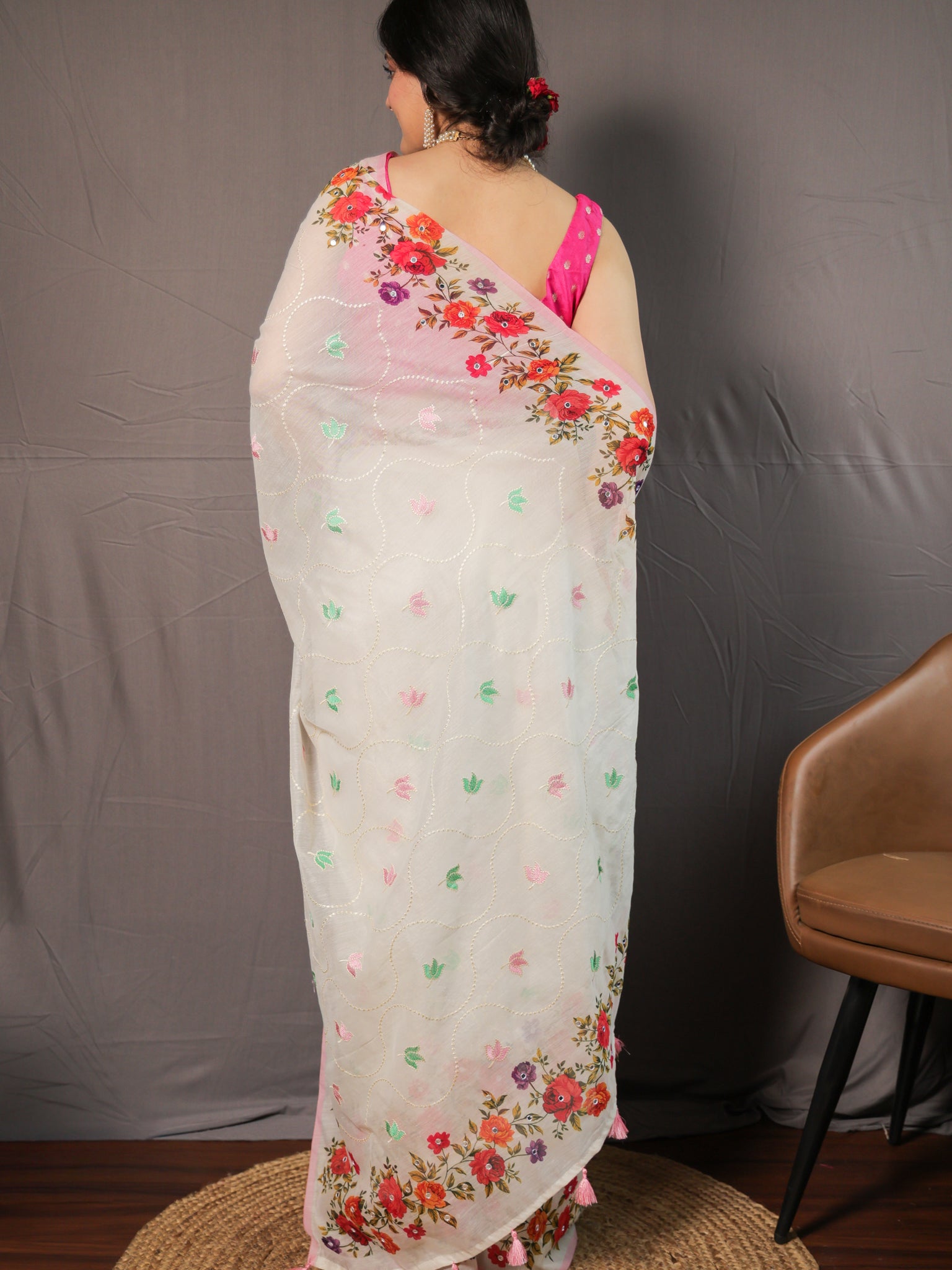Floral Cotton Saree with Mirror Work- White
