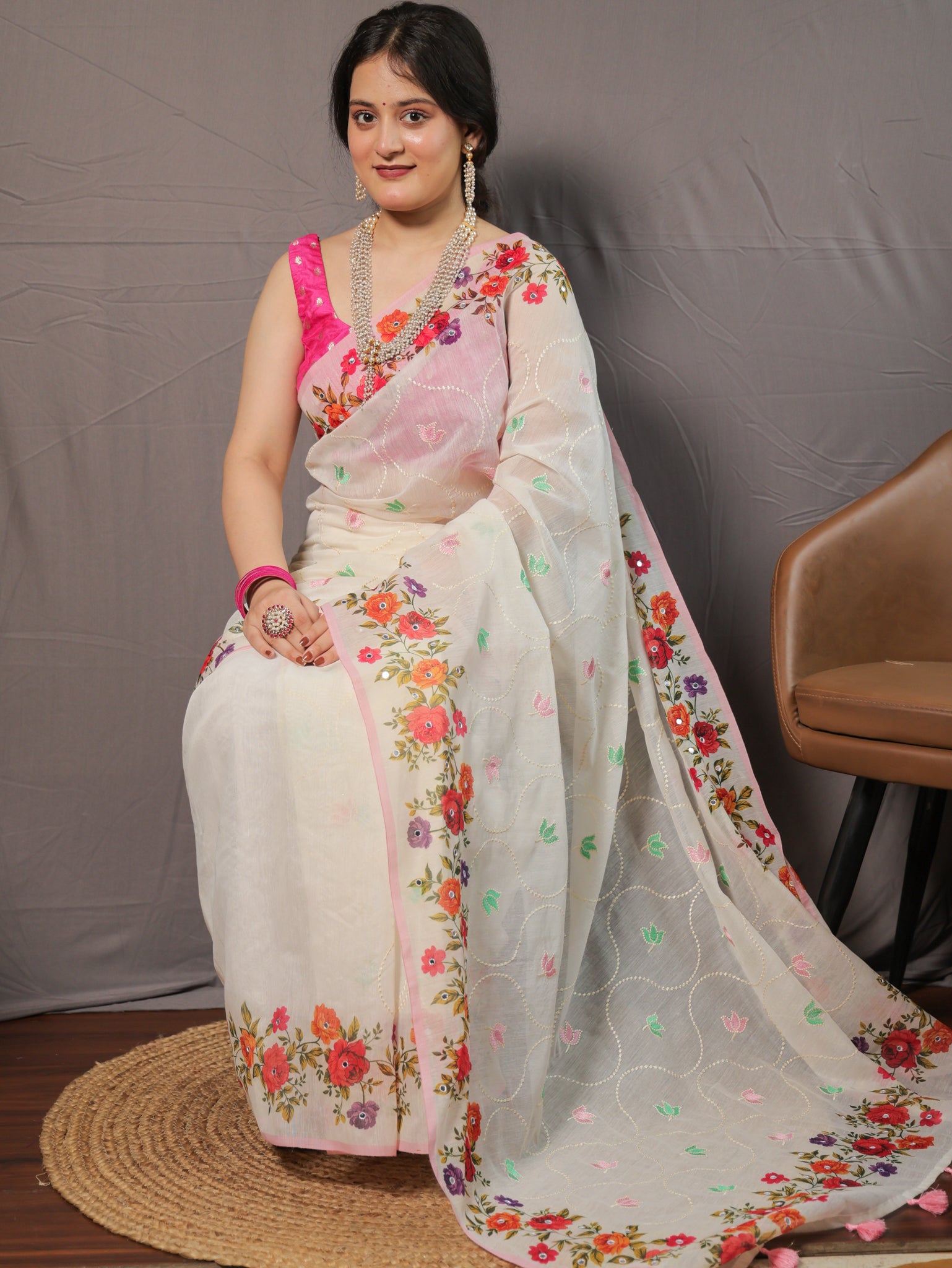 Floral Cotton Saree with Mirror Work- White
