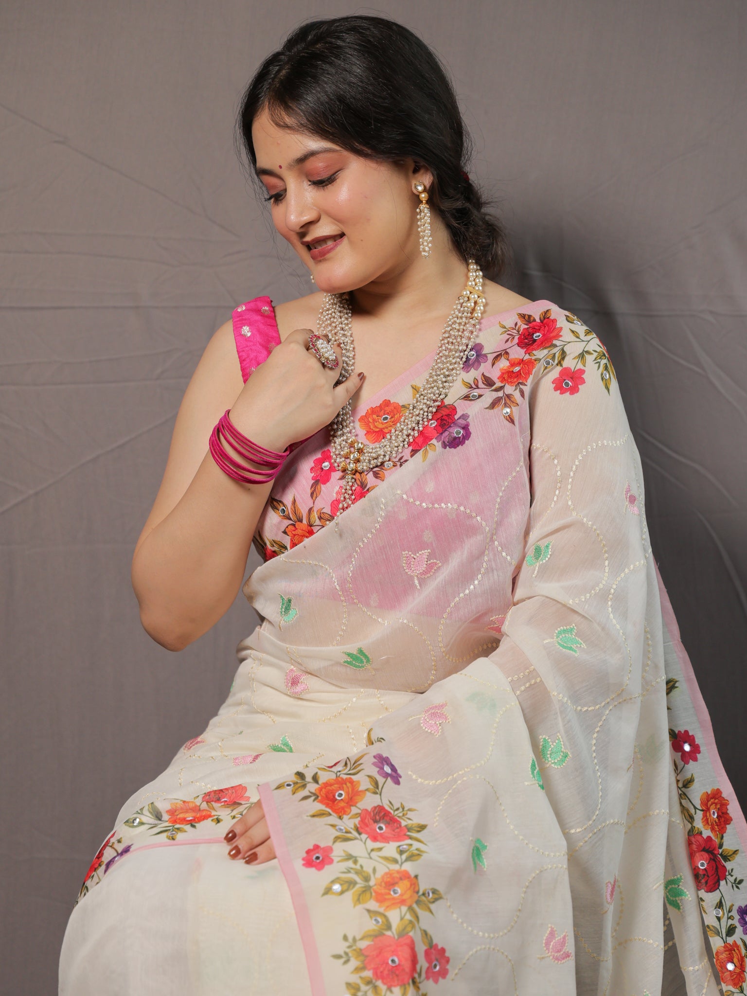 Floral Cotton Saree with Mirror Work- White