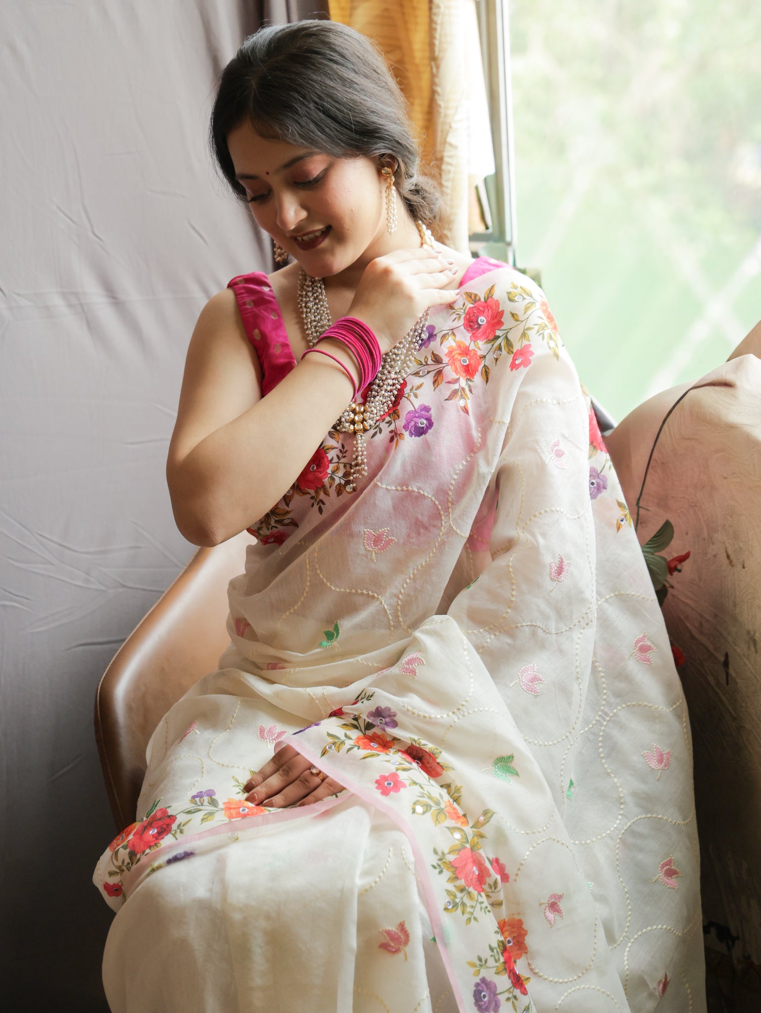 Floral Cotton Saree with Mirror Work- White