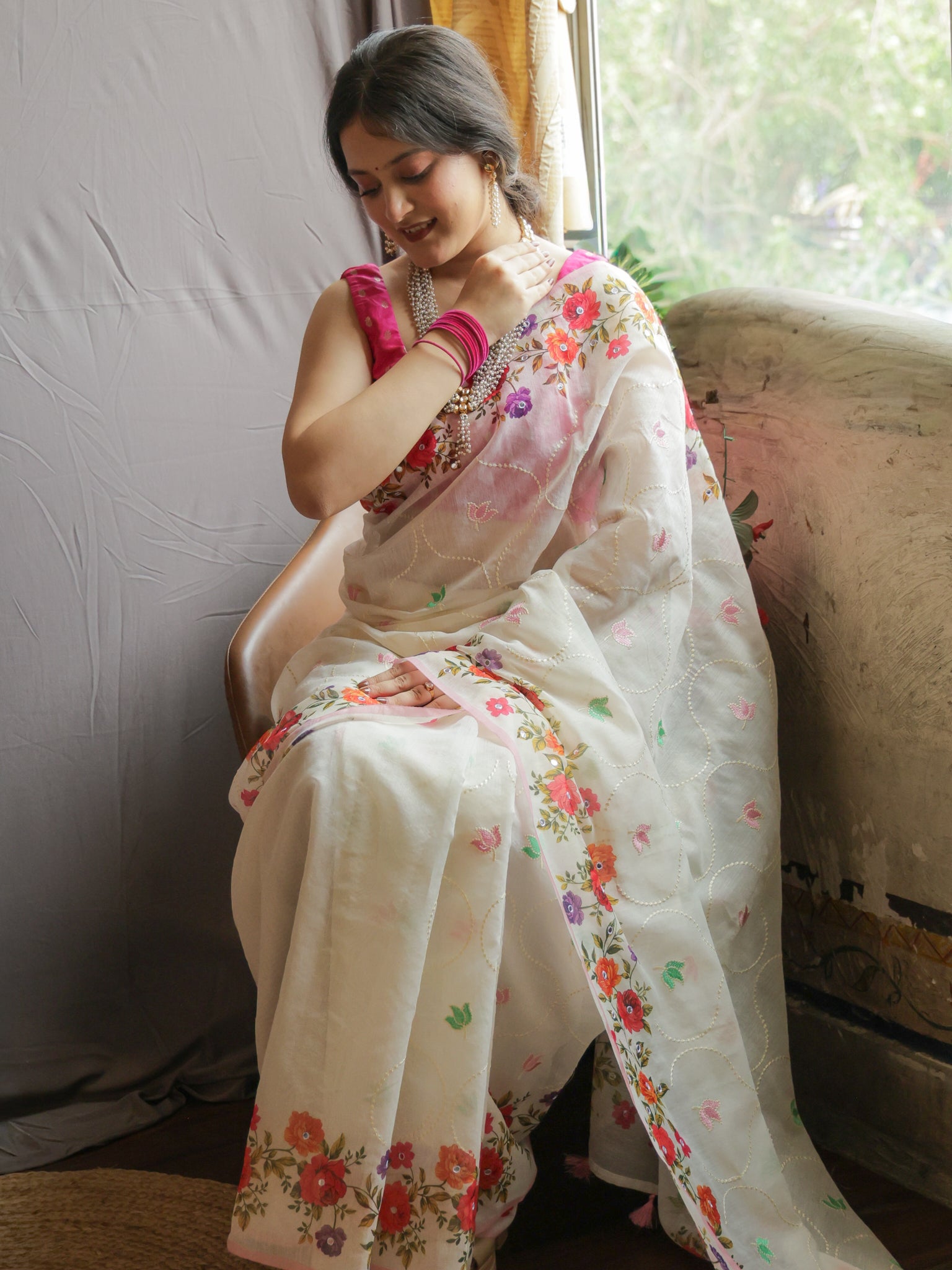 Floral Cotton Saree with Mirror Work- White