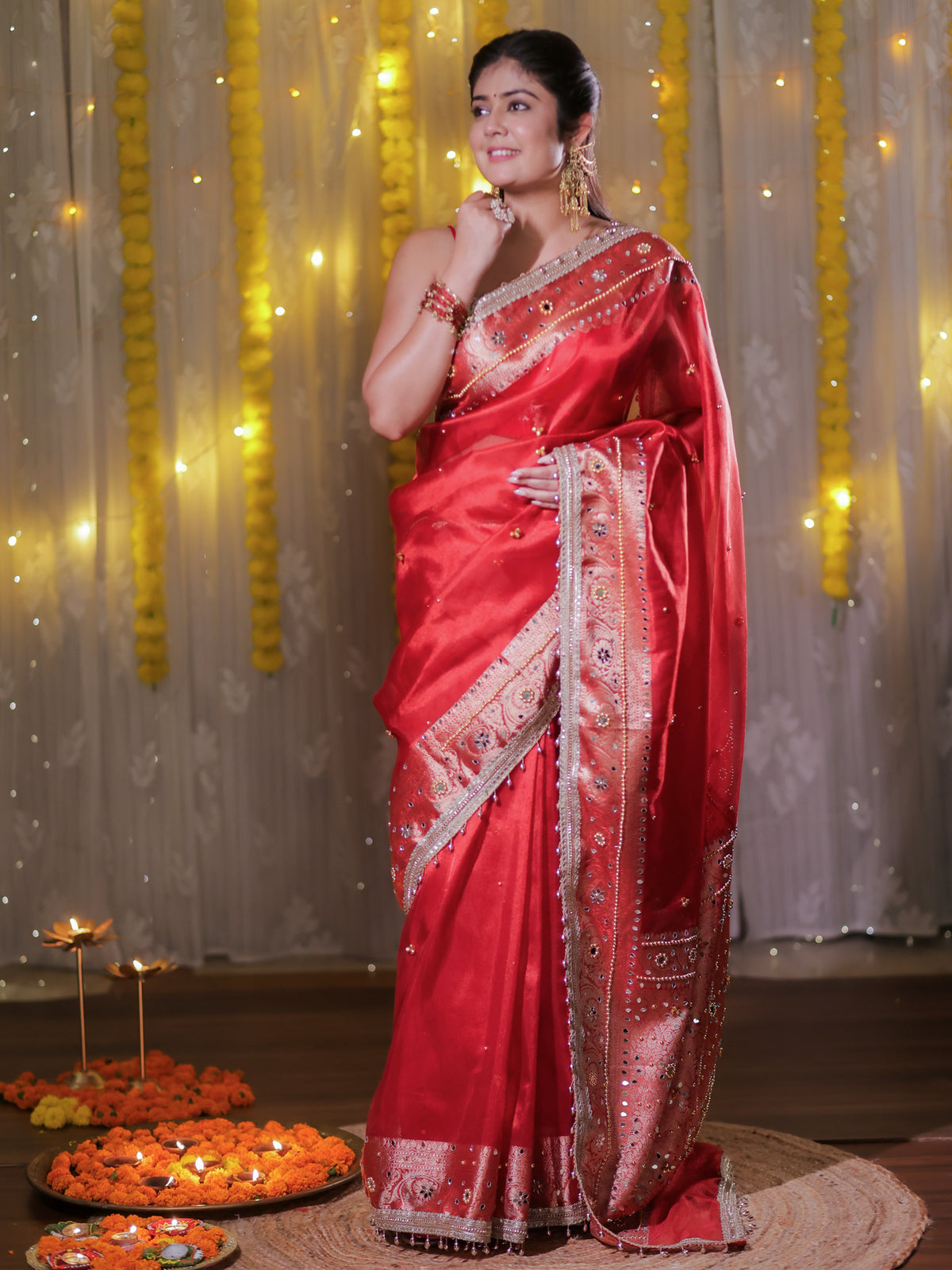 Banarasi Ghungroo Work Tissue Saree with Lace Border - Red