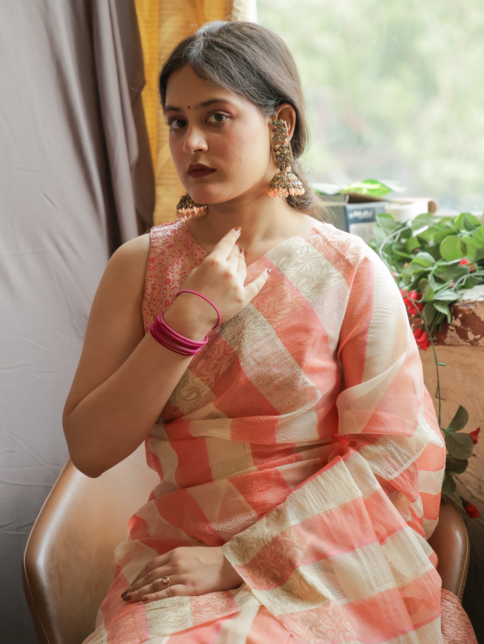 Banarasi Kota Check Saree with Resham Weaving Border- Orange
