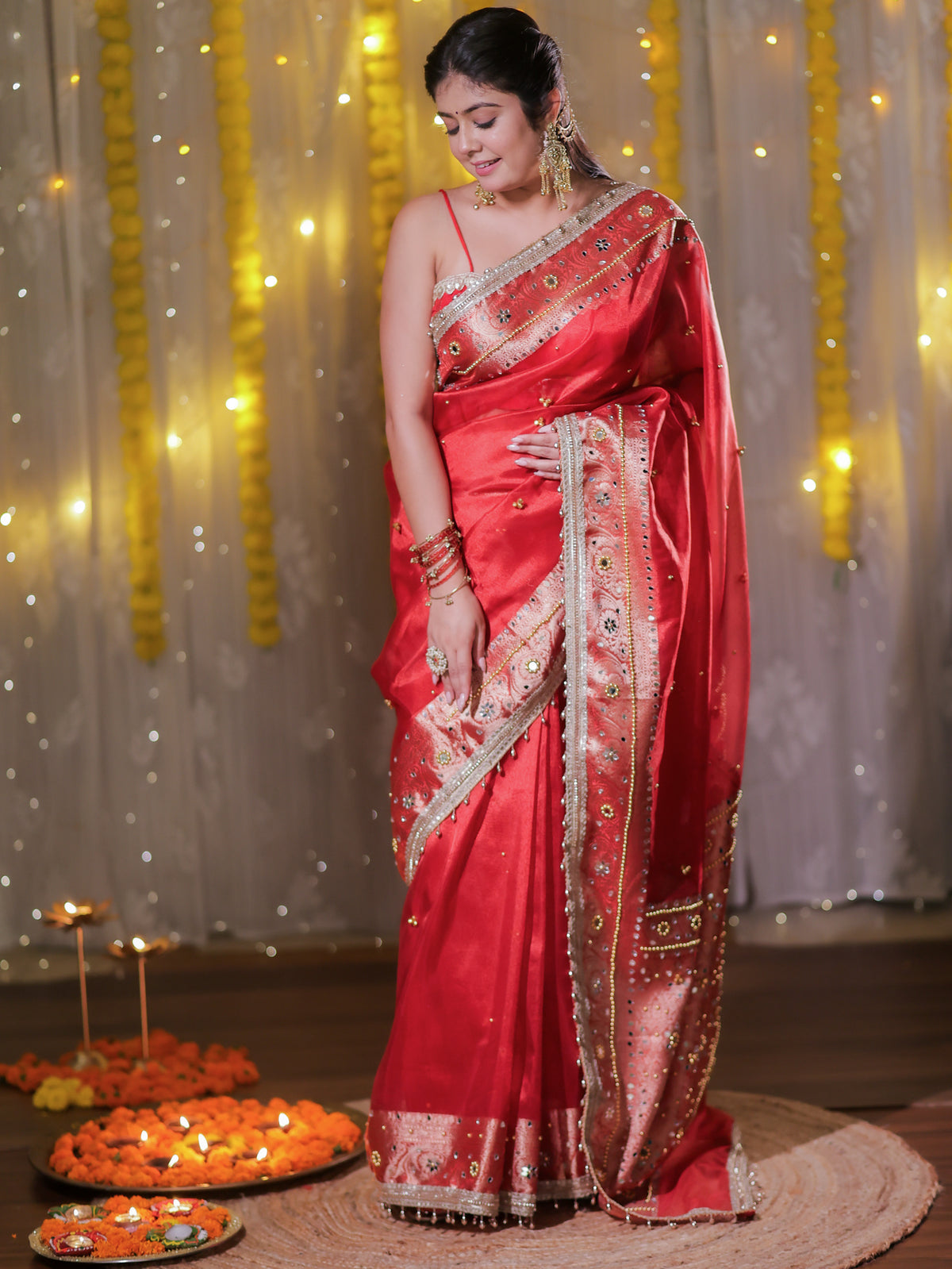 Banarasi Ghungroo Work Tissue Saree with Lace Border - Red