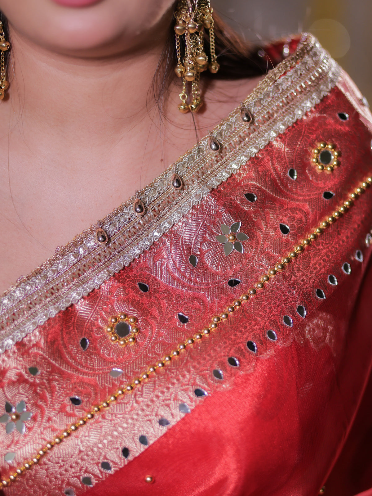 Banarasi Ghungroo Work Tissue Saree with Lace Border - Red