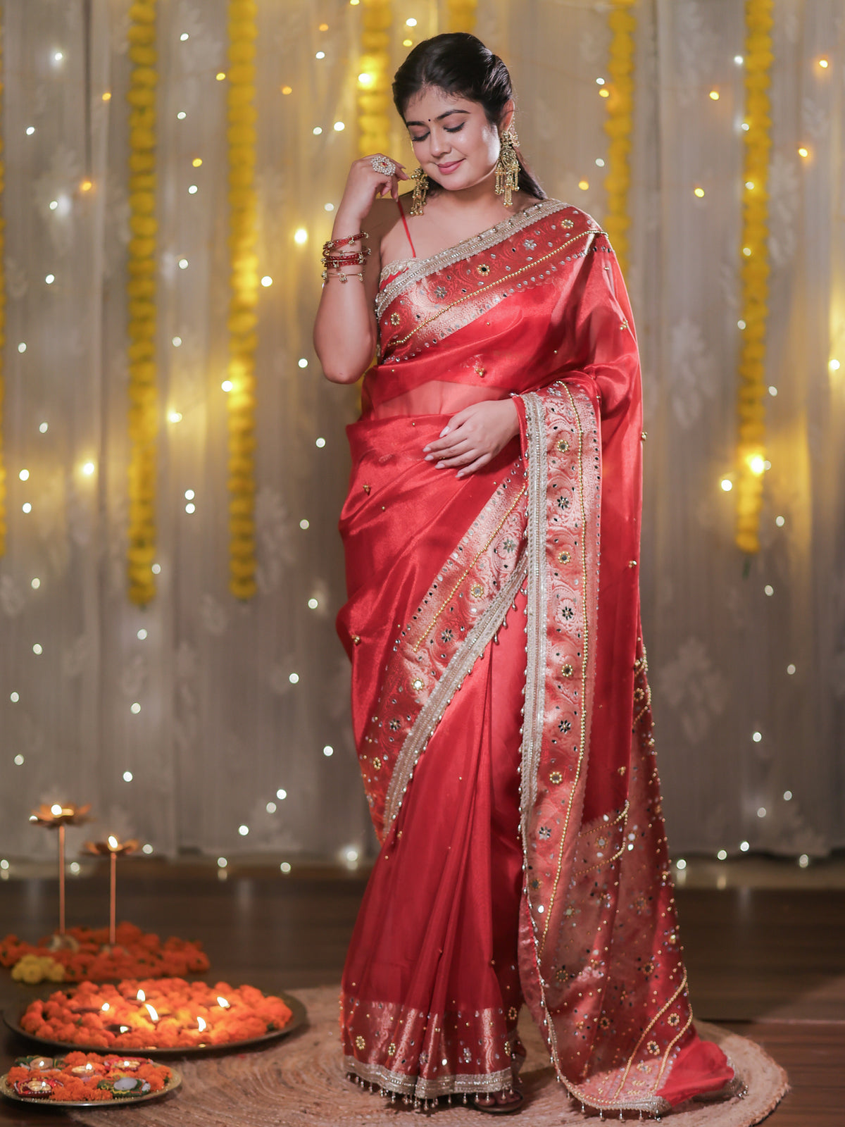 Banarasi Ghungroo Work Tissue Saree with Lace Border - Red