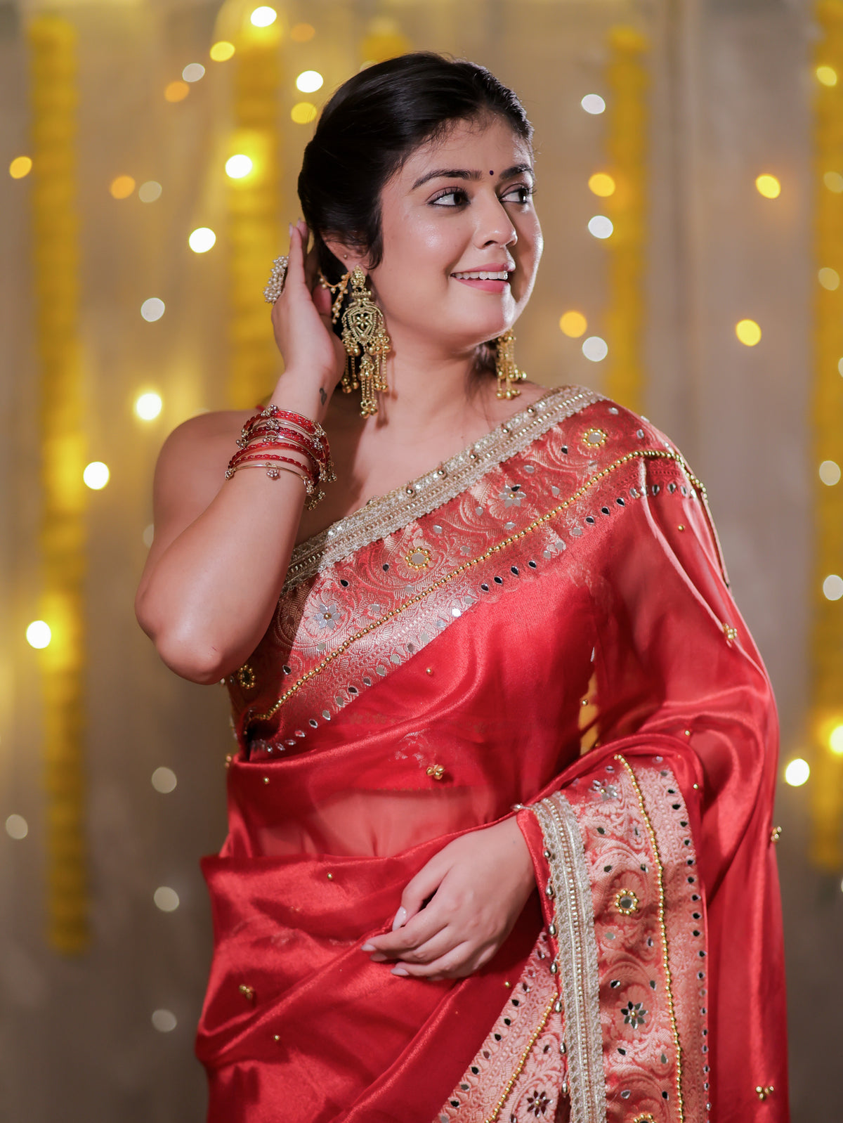 Banarasi Ghungroo Work Tissue Saree with Lace Border - Red