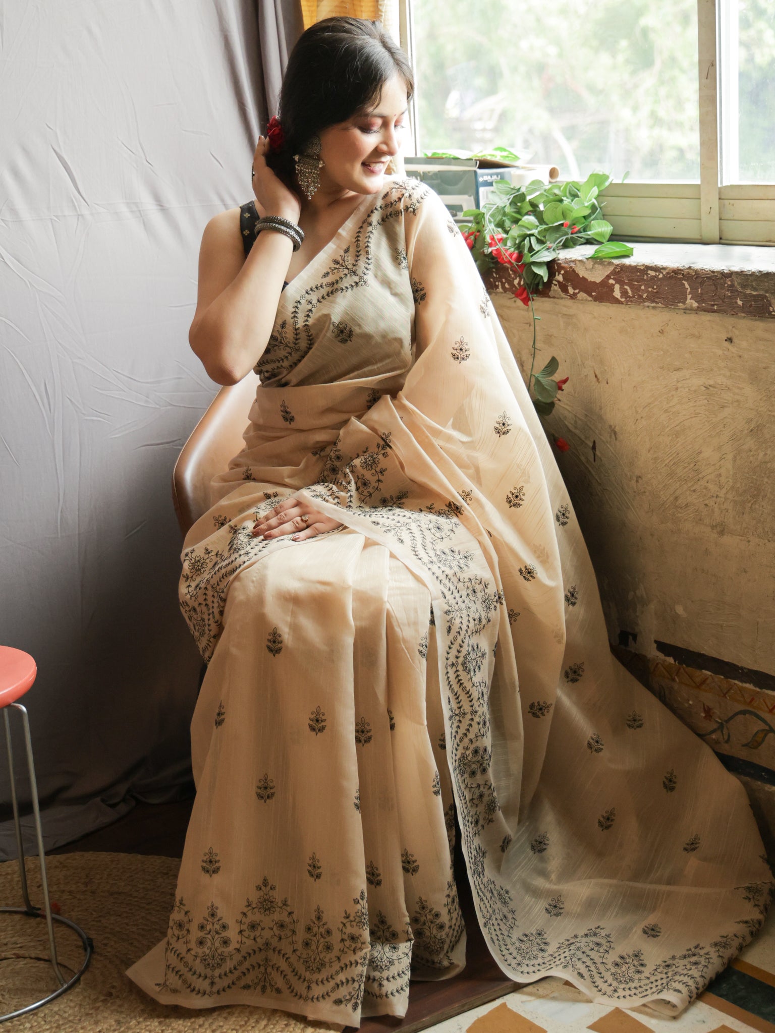Cotton Saree with embroidery - Beige