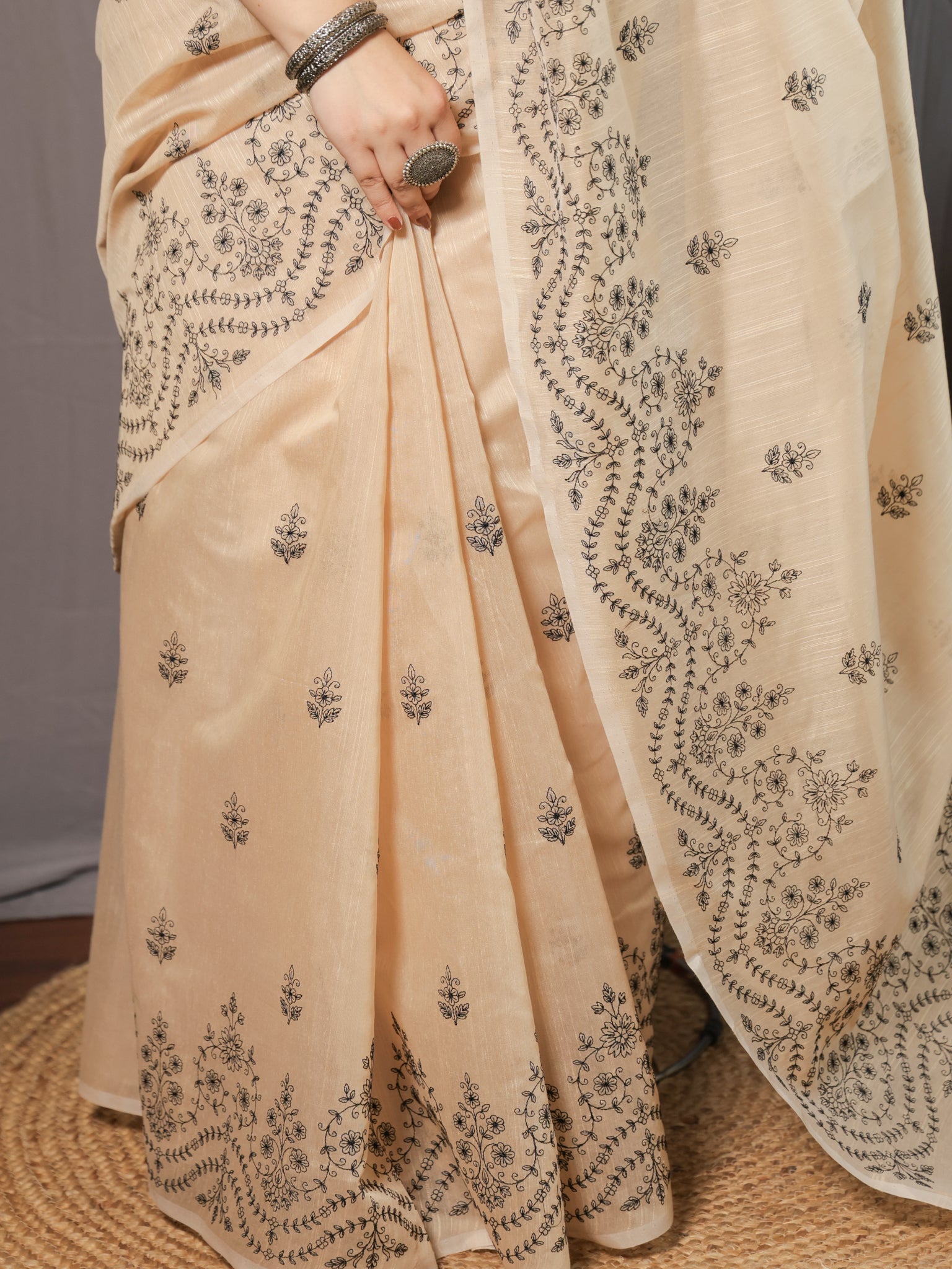 Cotton Saree with embroidery - Beige