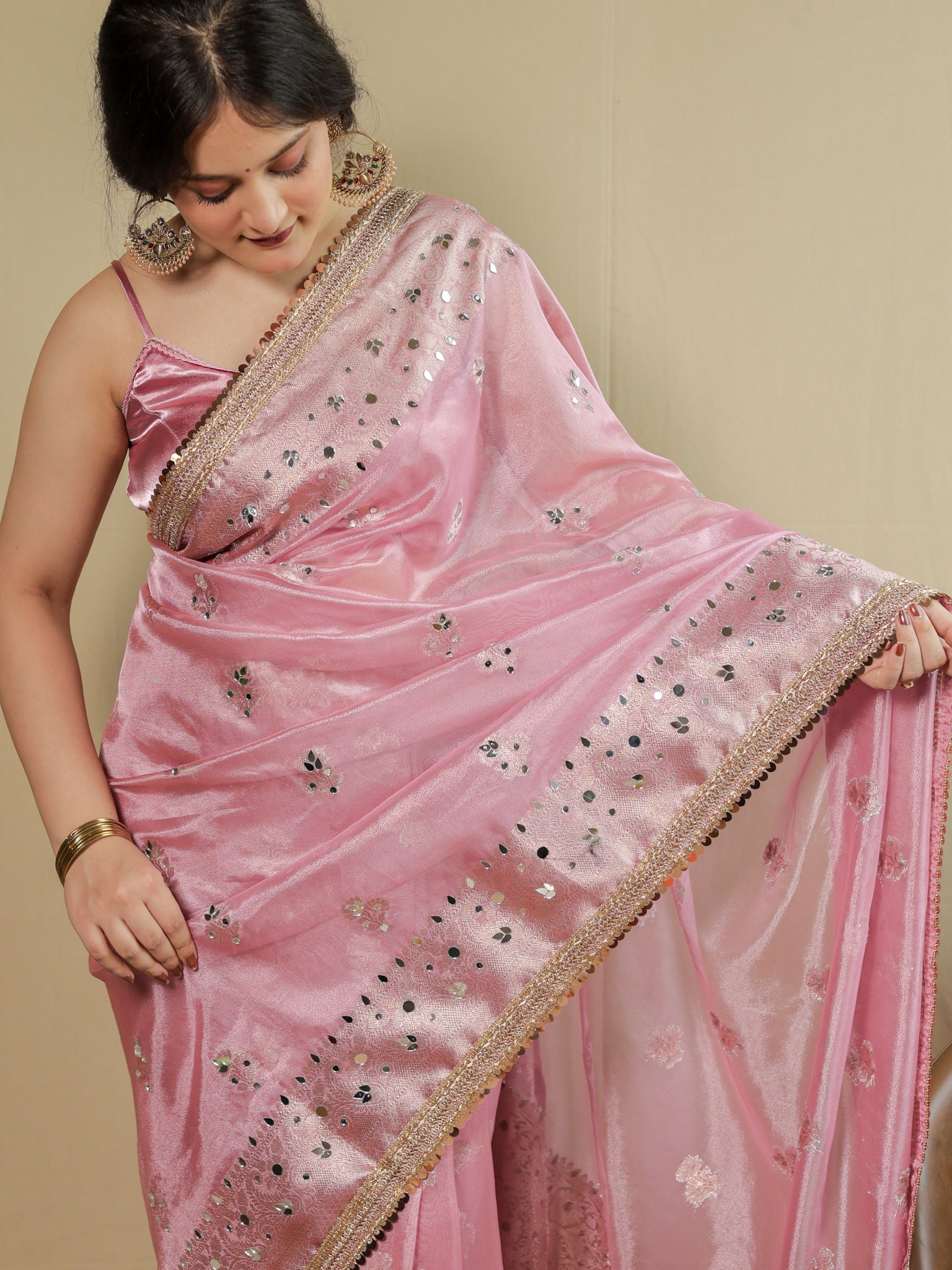 Banarasi Tissue Saree With Mirror Work & Lace Border - Pink