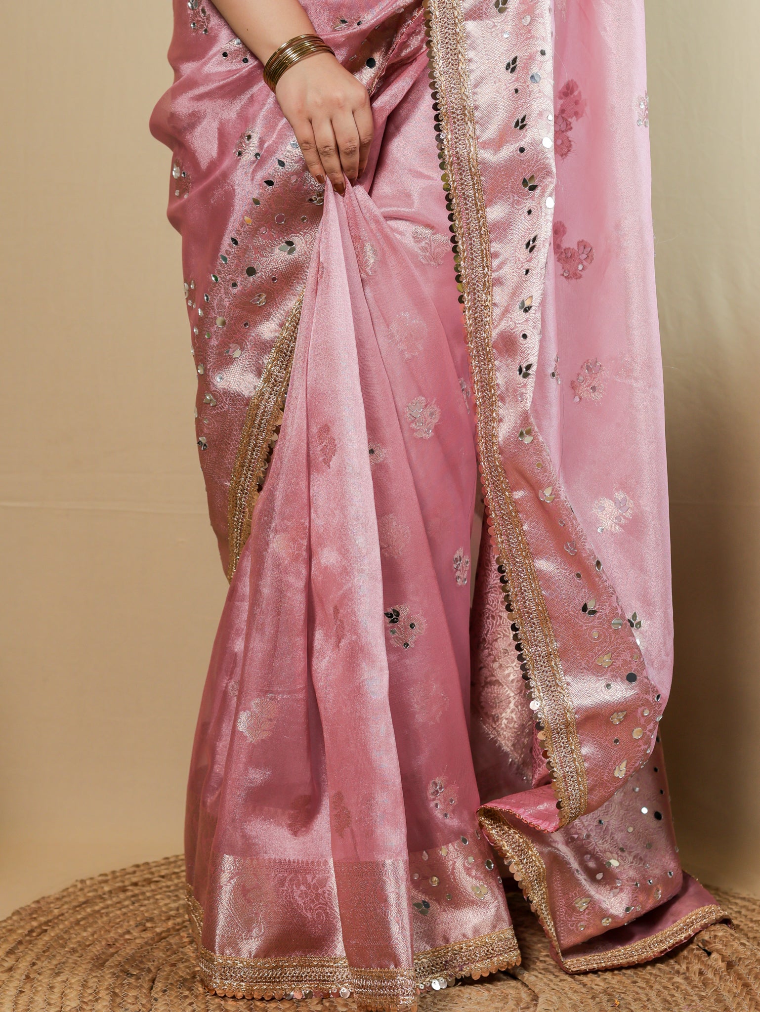 Banarasi Tissue Saree With Mirror Work & Lace Border - Pink