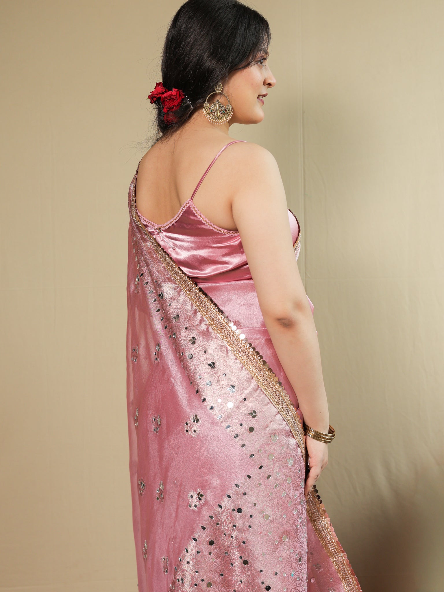 Banarasi Tissue Saree With Mirror Work & Lace Border - Pink