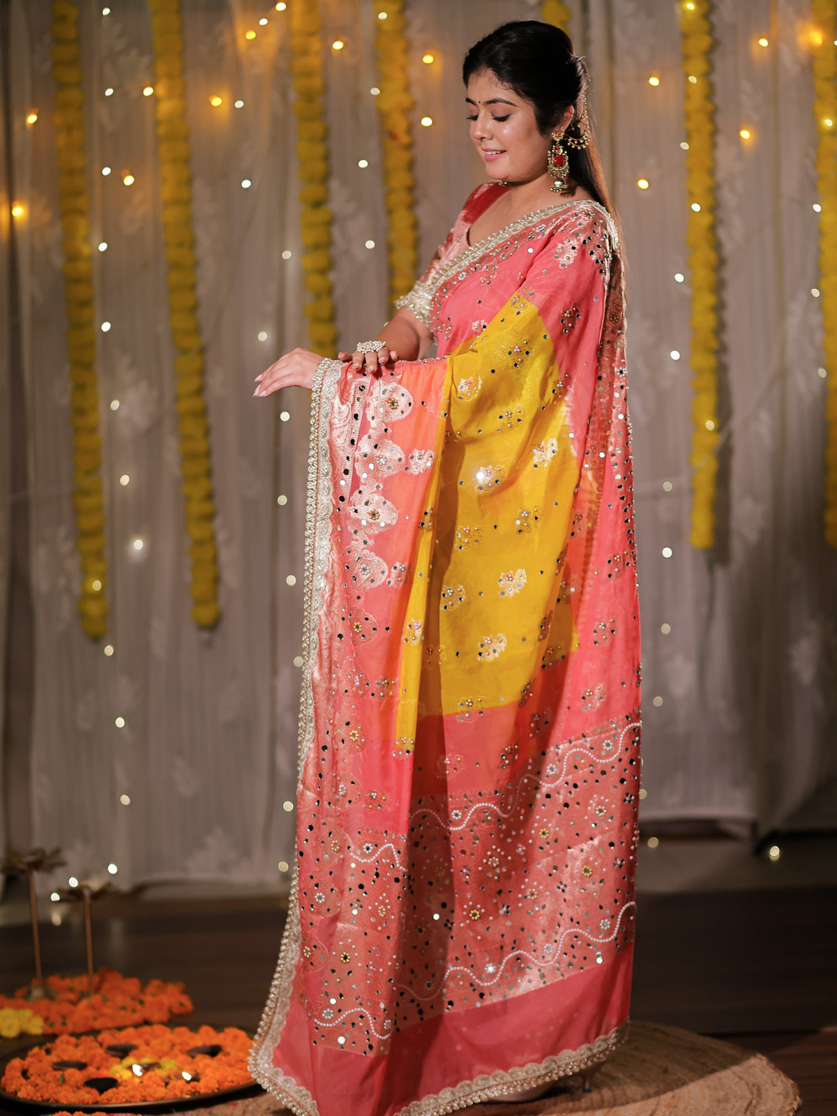 Banarasi Mirror Work Tissue Dual Shade Saree with Lace Border - Yellow