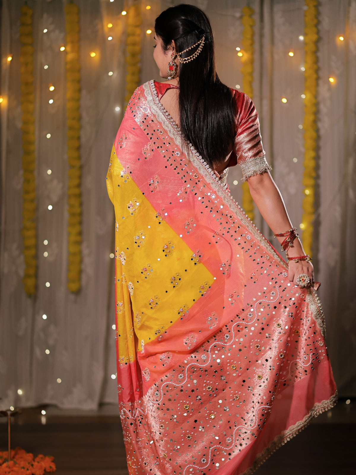 Banarasi Mirror Work Tissue Dual Shade Saree with Lace Border - Yellow