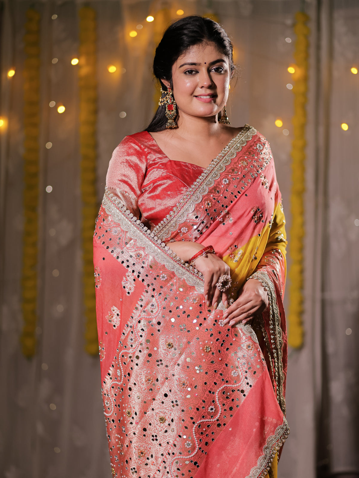 Banarasi Mirror Work Tissue Dual Shade Saree with Lace Border - Yellow