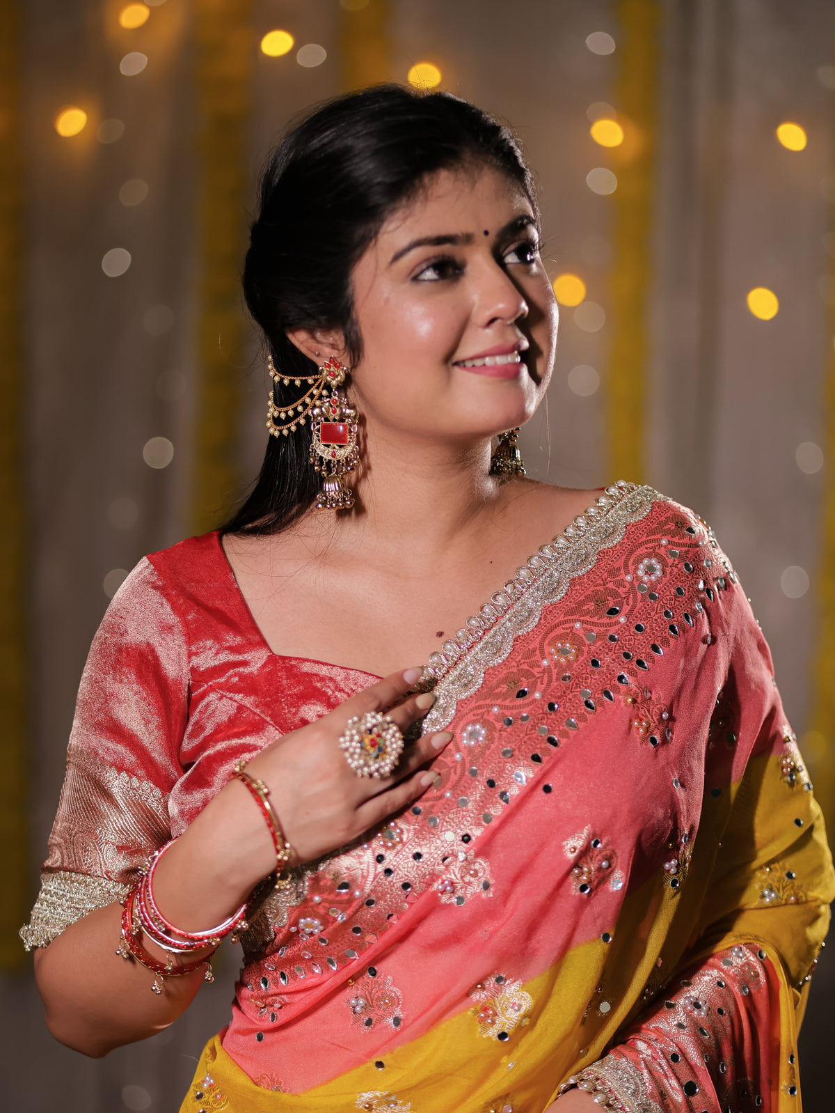 Banarasi Mirror Work Tissue Dual Shade Saree with Lace Border - Yellow