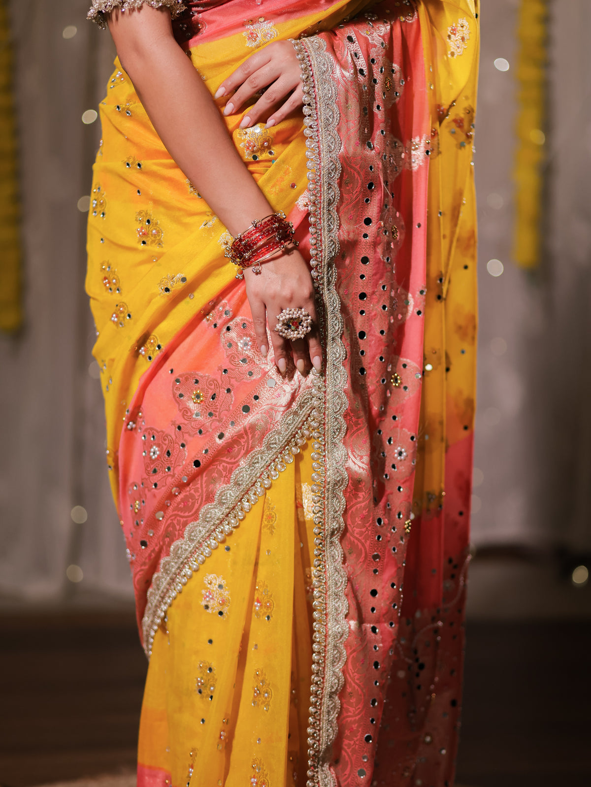 Banarasi Mirror Work Tissue Dual Shade Saree with Lace Border - Yellow