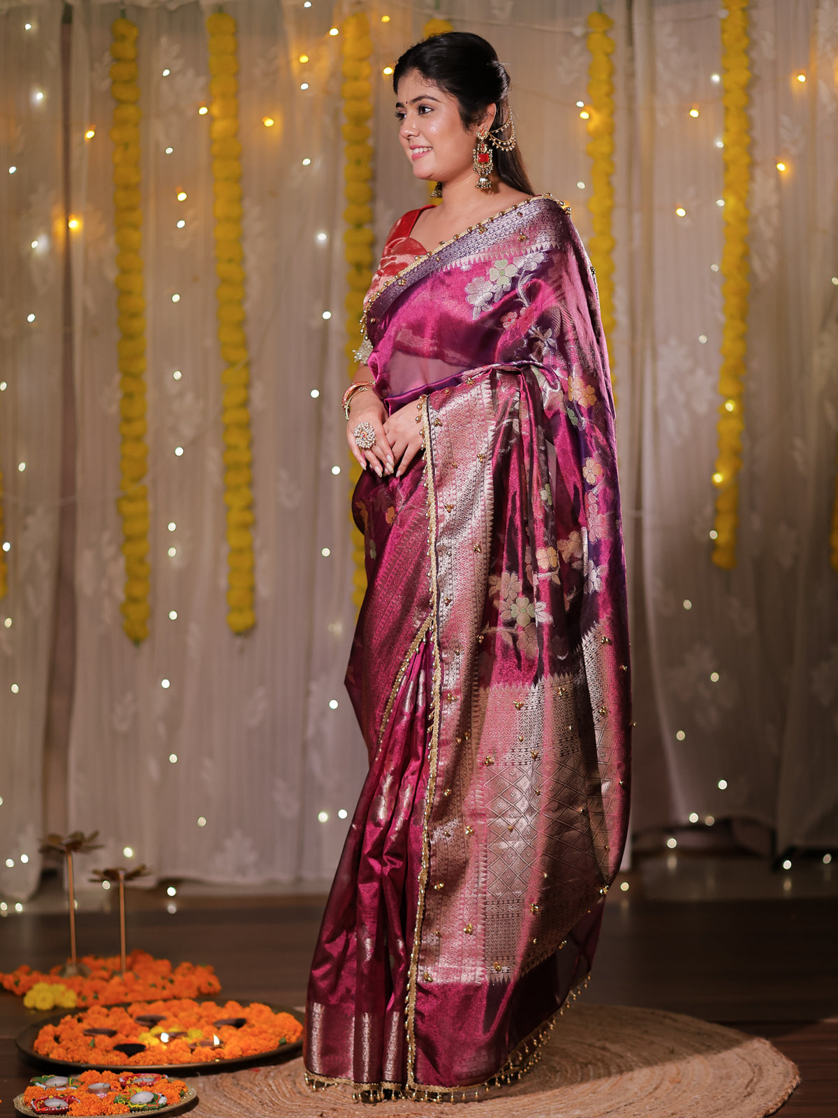 Banarasi Tissue Saree With Floral Weaving & Lace Border- Wine