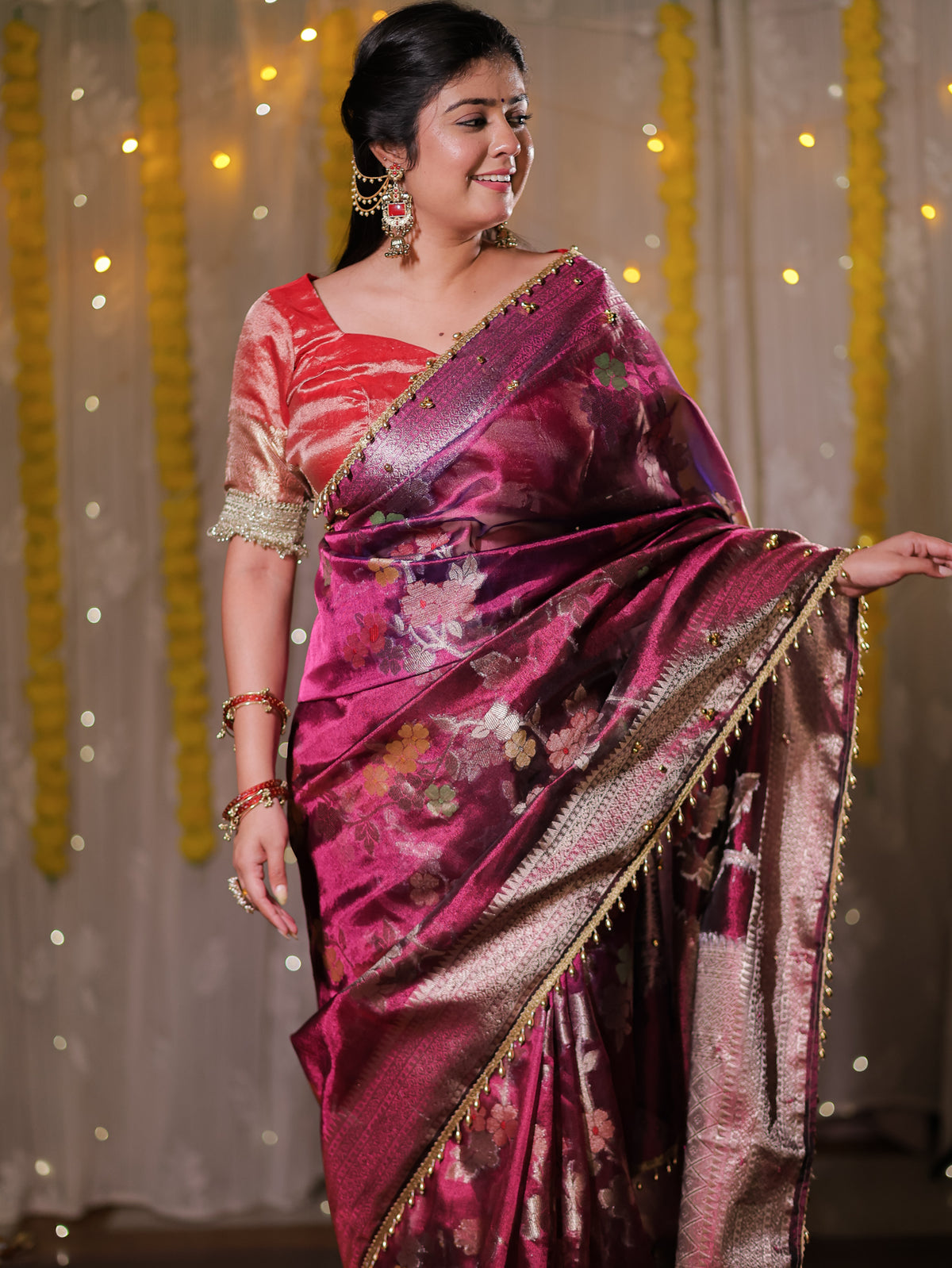 Banarasi Tissue Saree With Floral Weaving & Lace Border- Wine