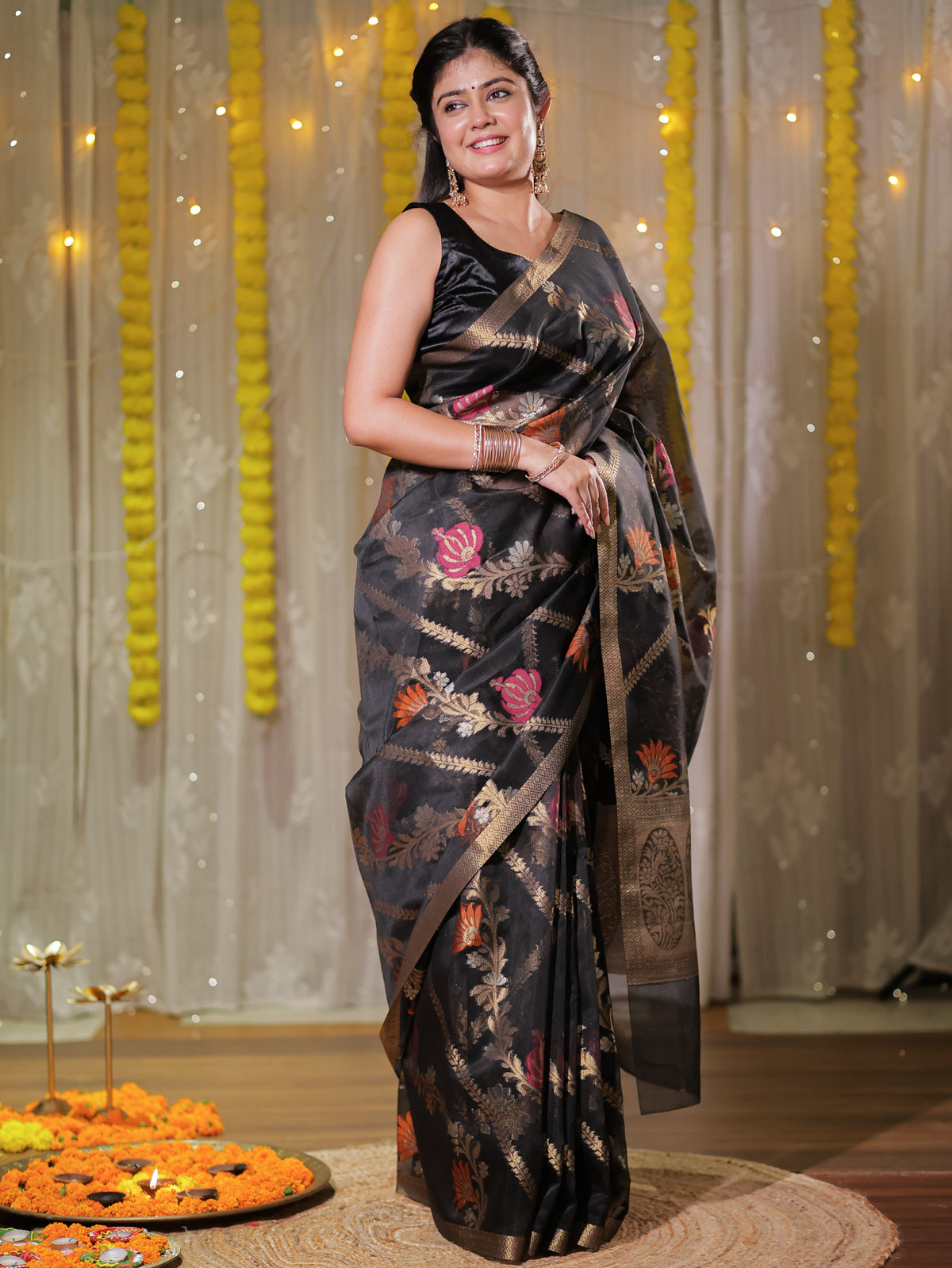 Banarasi Cotton Mix Saree with Zari Weaving & Border- Black
