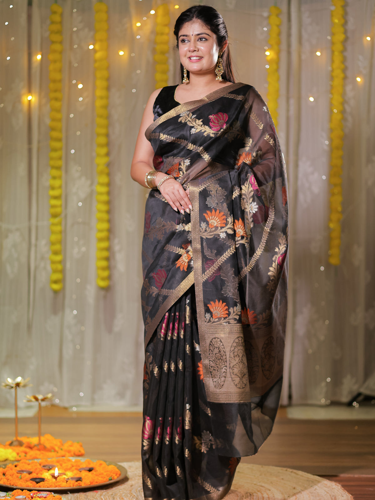 Banarasi Cotton Mix Saree with Zari Weaving & Border- Black
