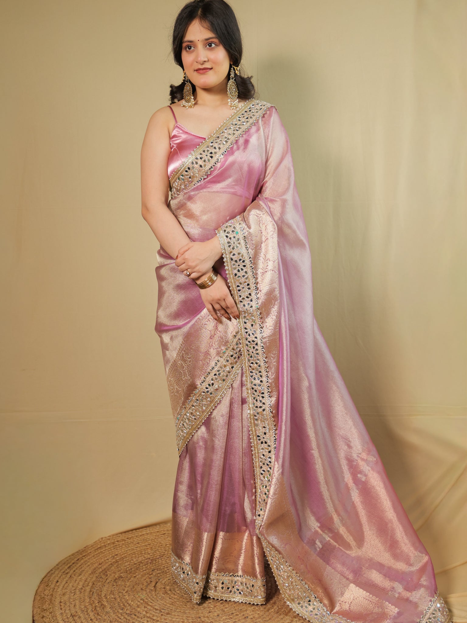 Banarasi Plain Tissue Saree with Mirror Lace Border - Pink