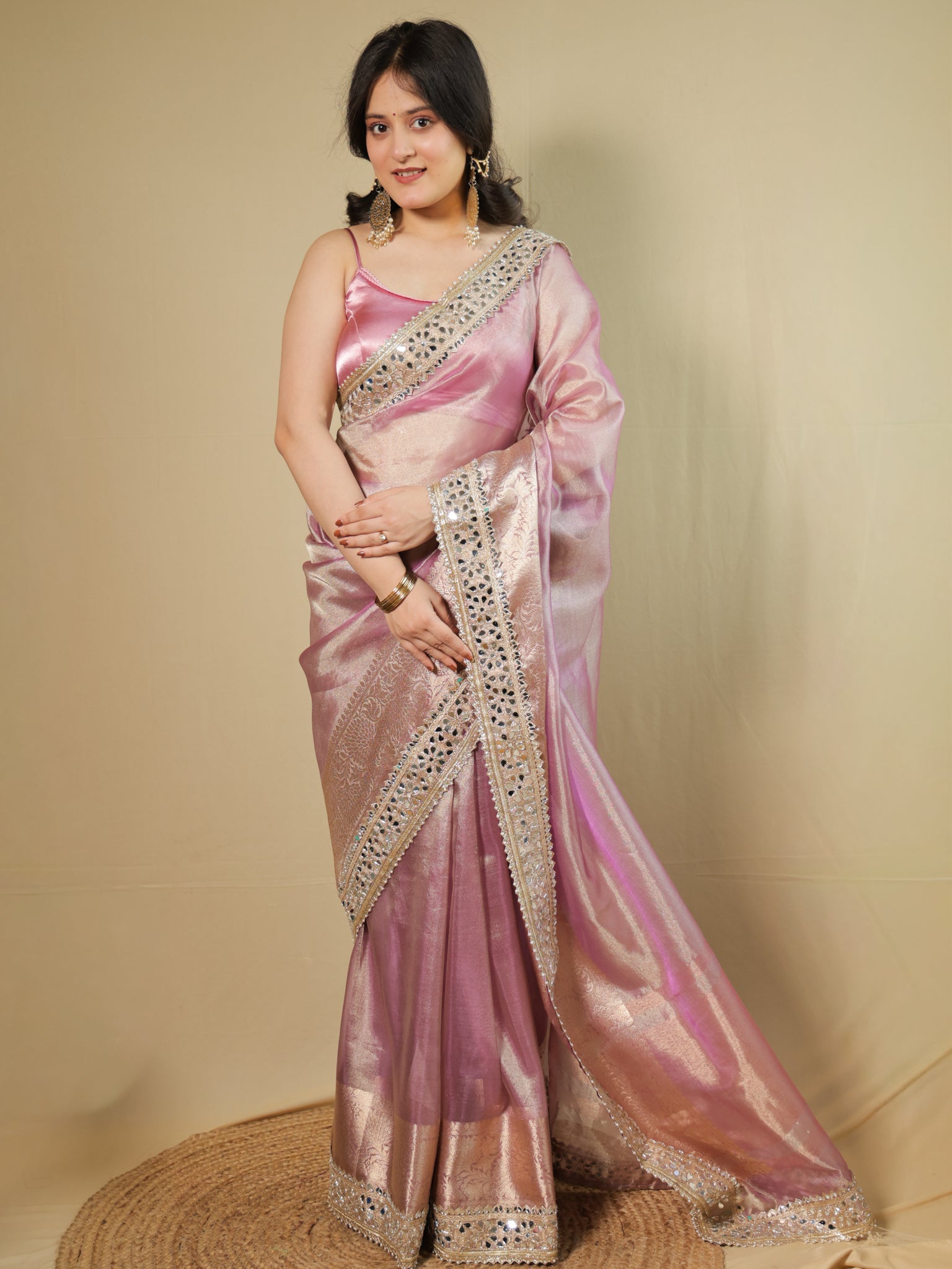 Banarasi Plain Tissue Saree with Mirror Lace Border - Pink