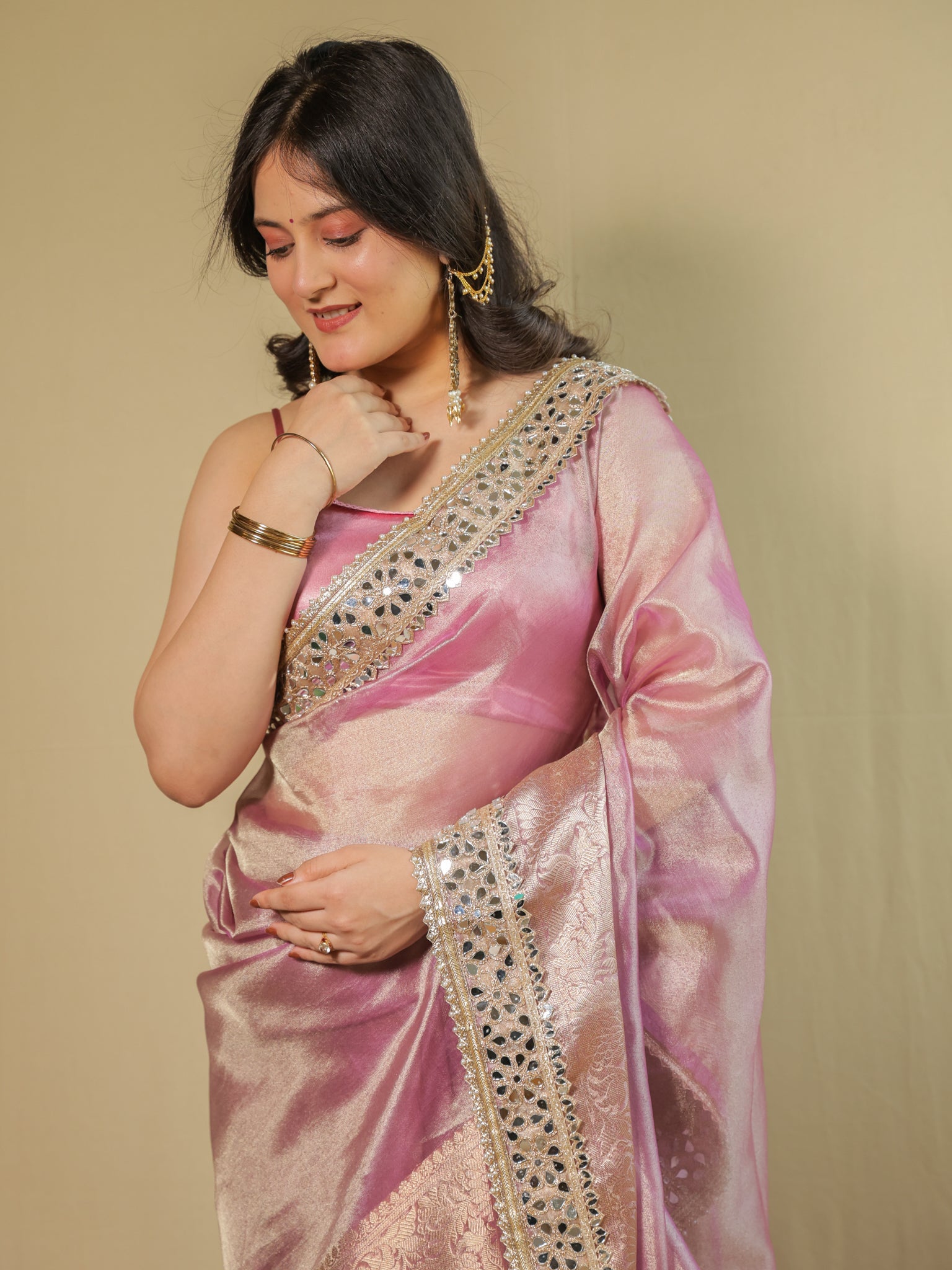 Banarasi Plain Tissue Saree with Mirror Lace Border - Pink