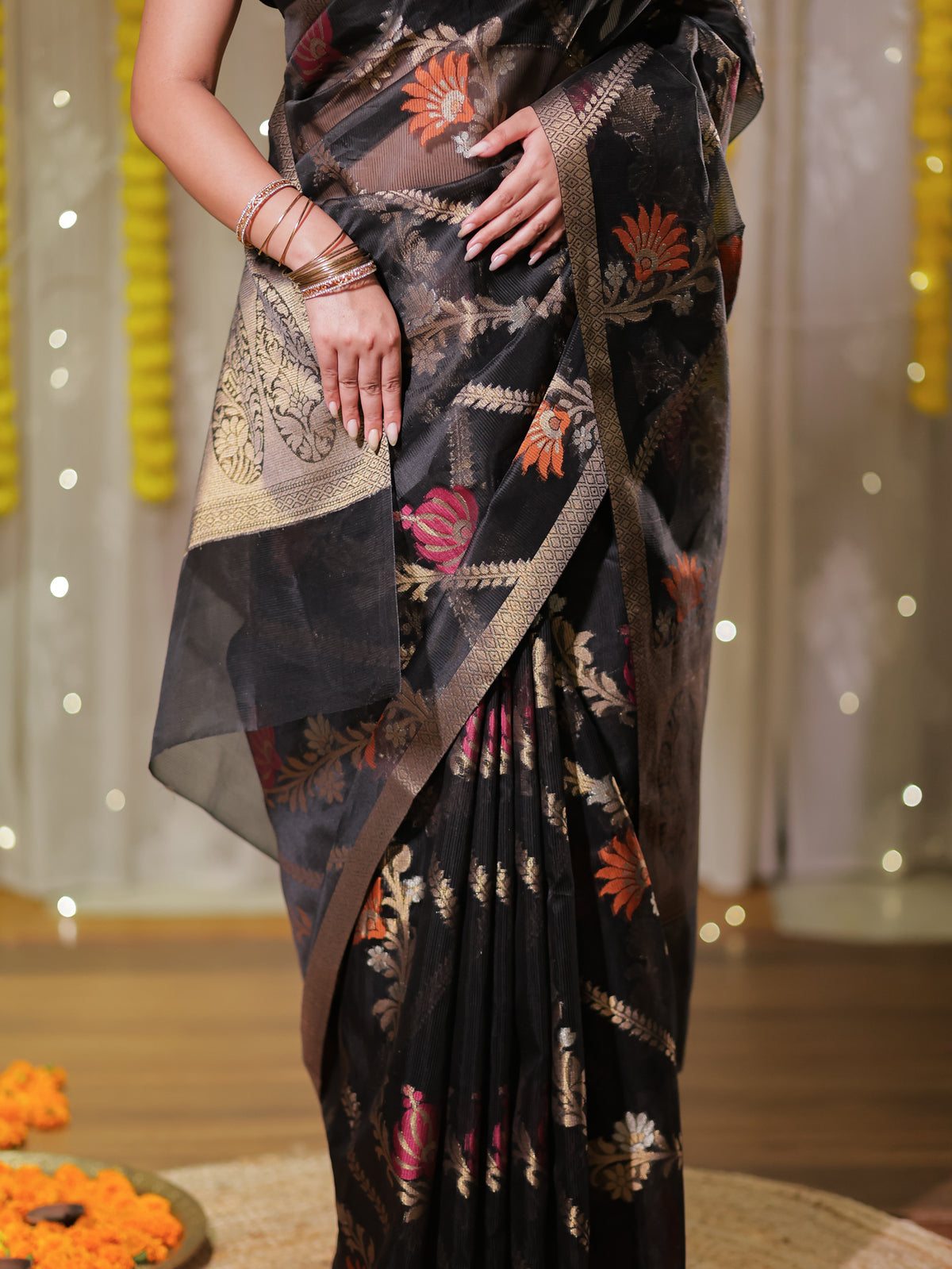 Banarasi Cotton Mix Saree with Zari Weaving & Border- Black