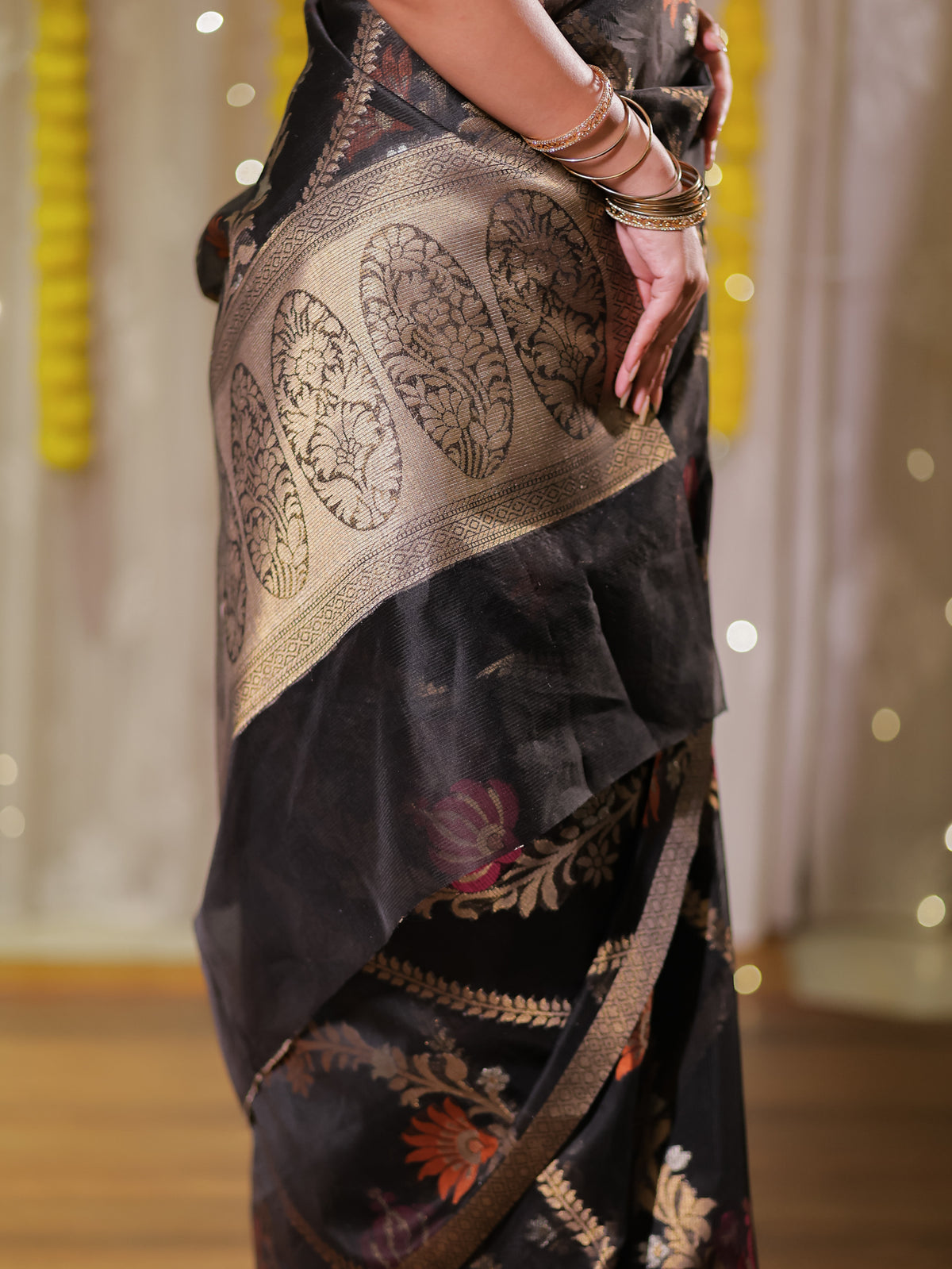 Banarasi Cotton Mix Saree with Zari Weaving & Border- Black