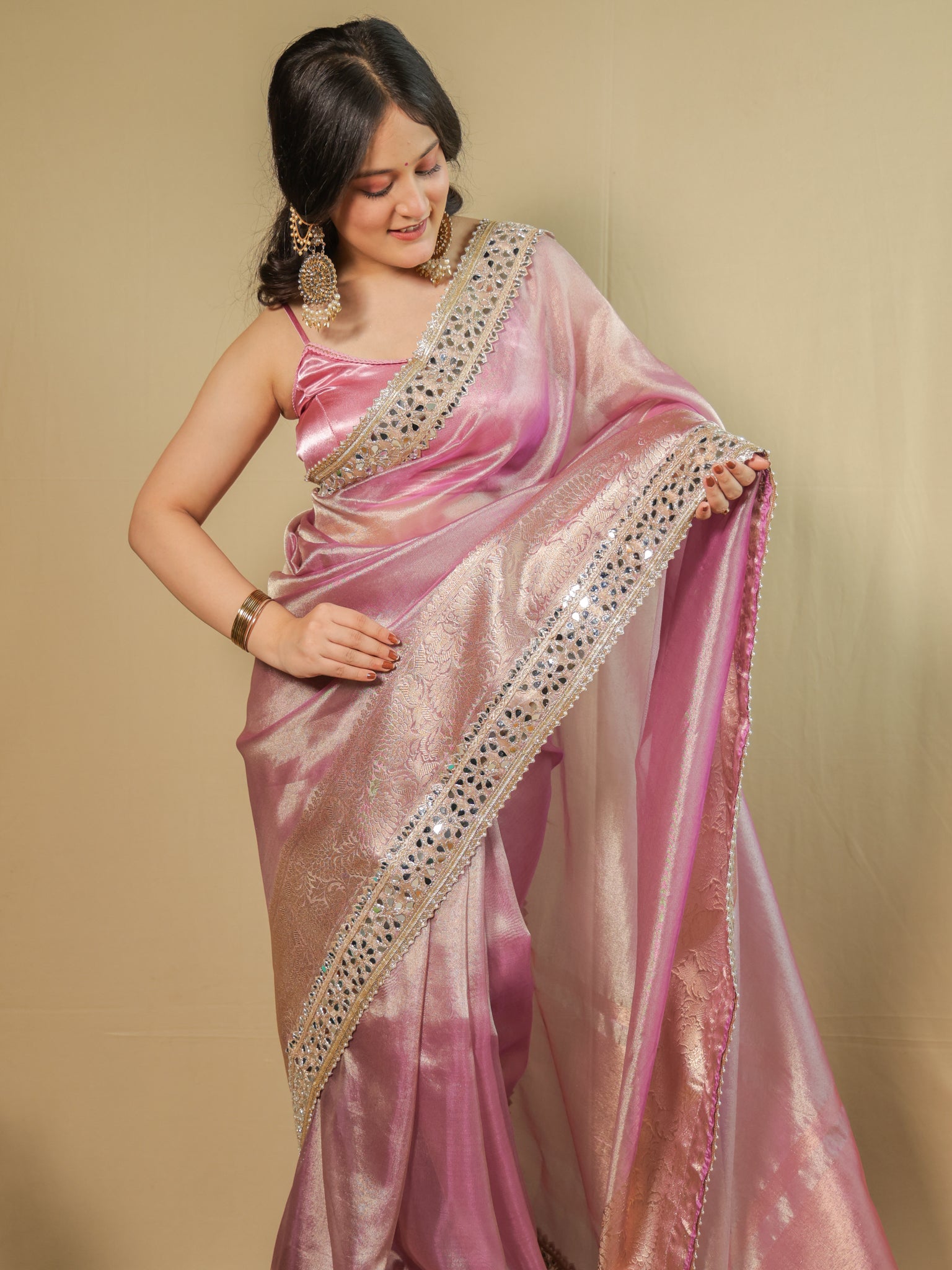 Banarasi Plain Tissue Saree with Mirror Lace Border - Pink