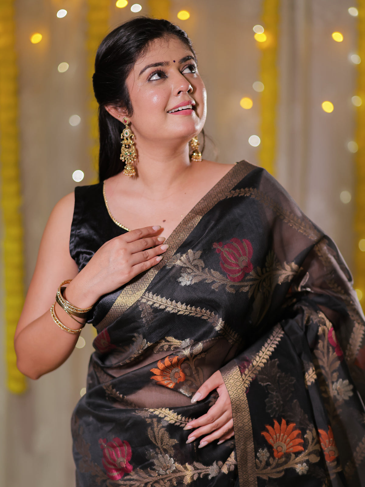 Banarasi Cotton Mix Saree with Zari Weaving & Border- Black