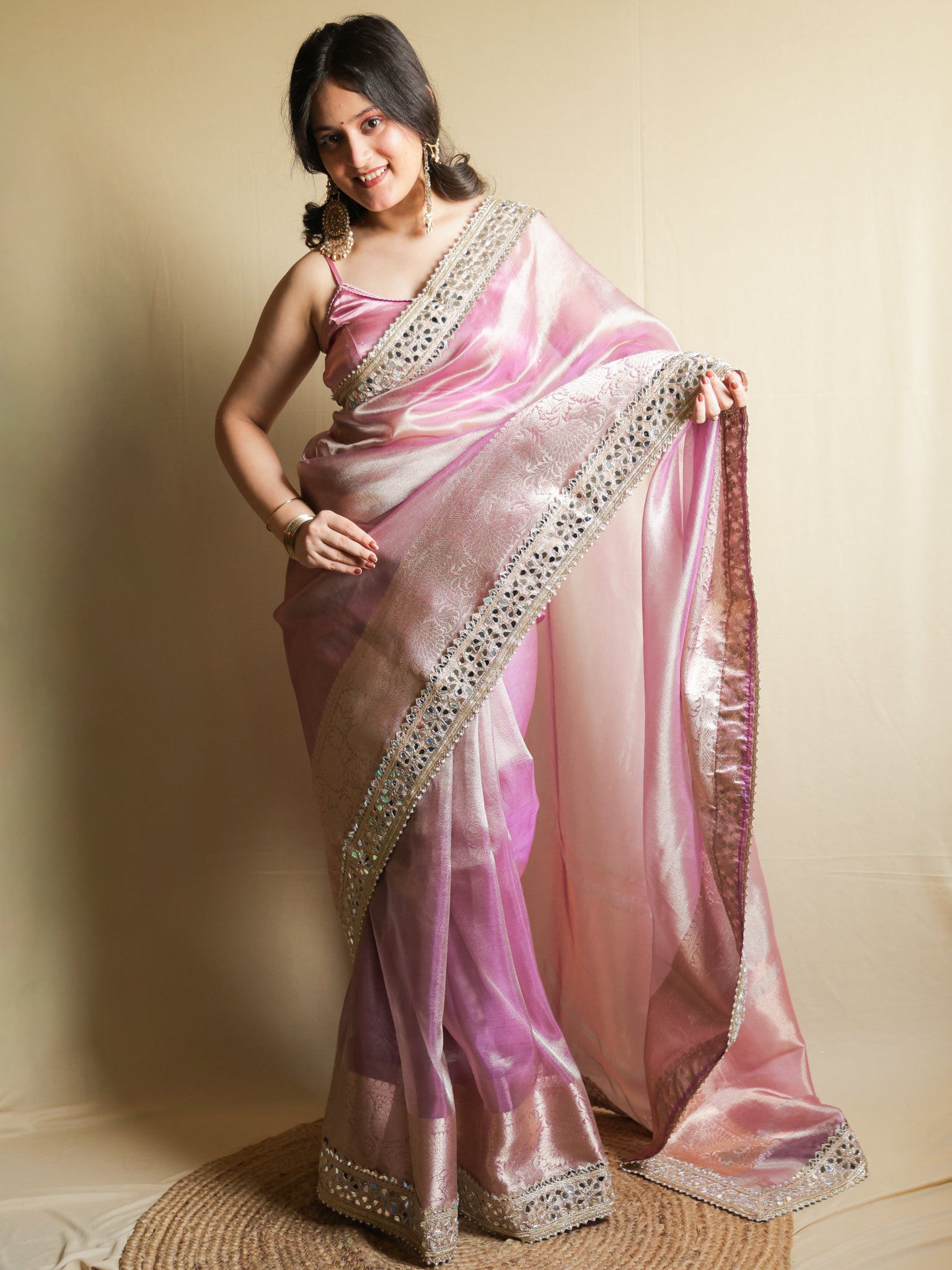 Banarasi Plain Tissue Saree with Mirror Lace Border - Pink