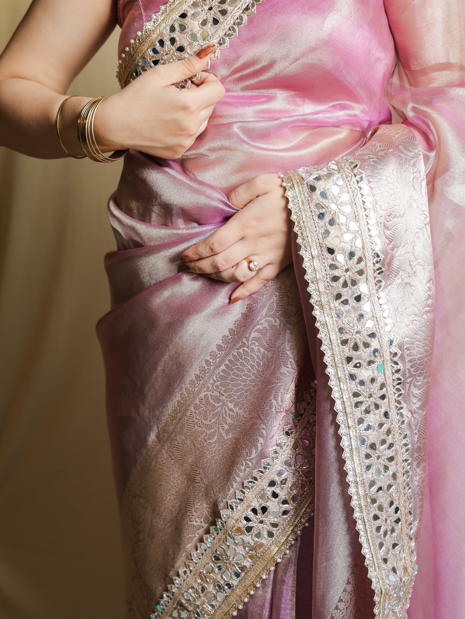 Banarasi Plain Tissue Saree with Mirror Lace Border - Pink