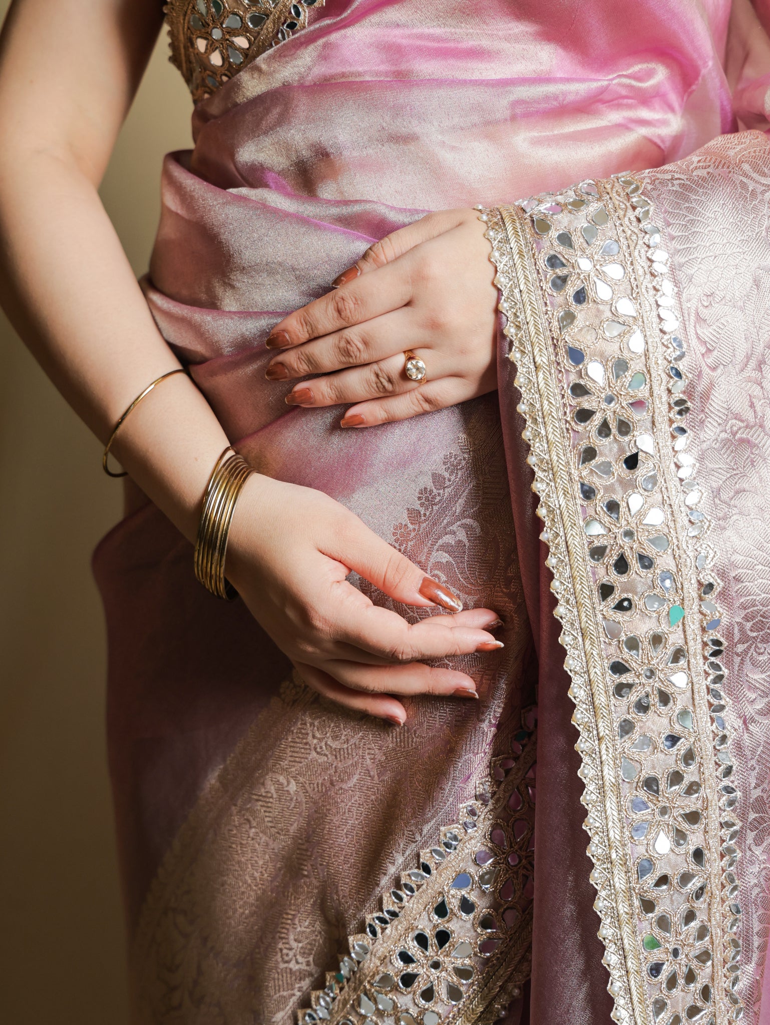 Banarasi Plain Tissue Saree with Mirror Lace Border - Pink