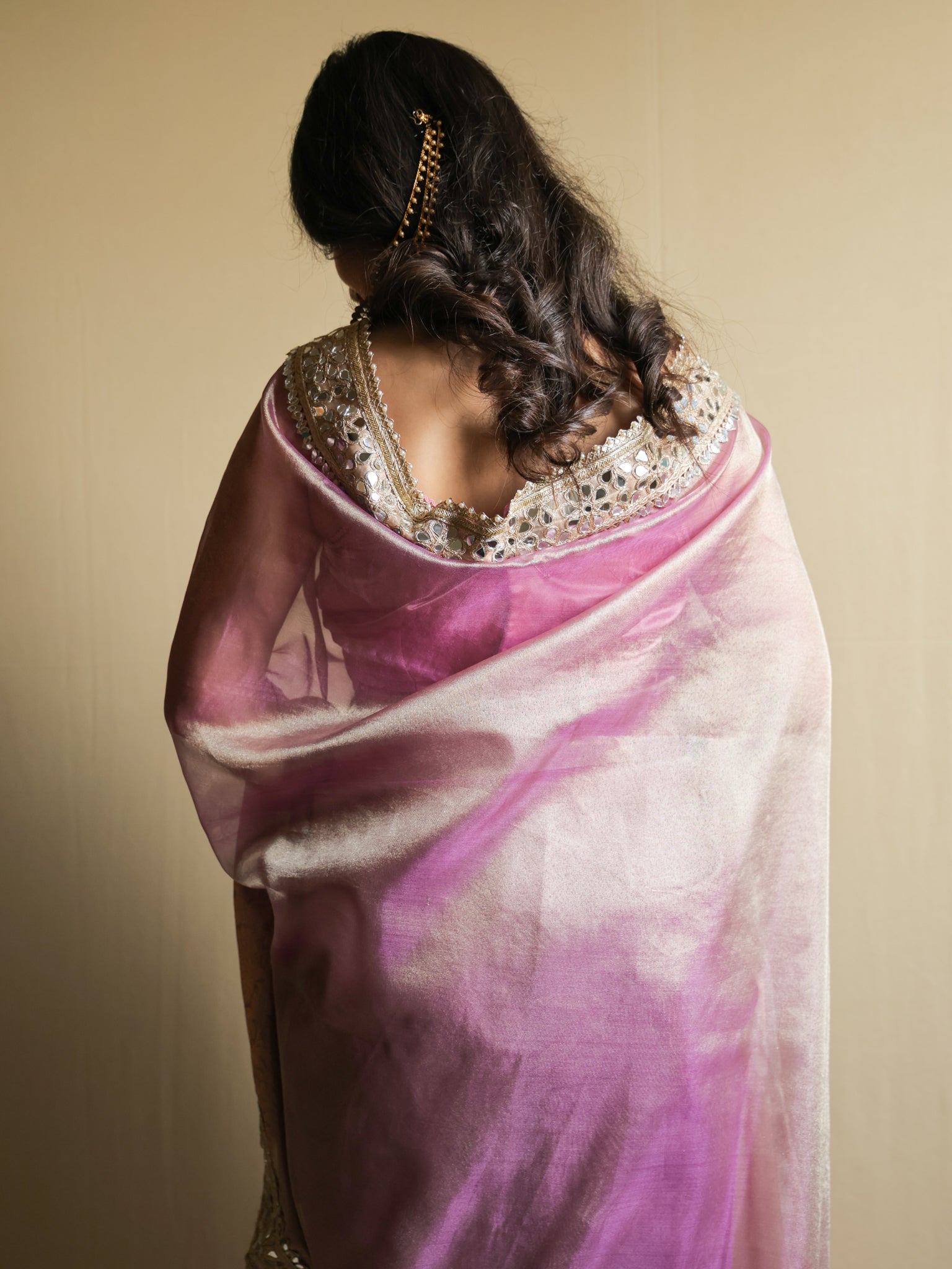 Banarasi Plain Tissue Saree with Mirror Lace Border - Pink