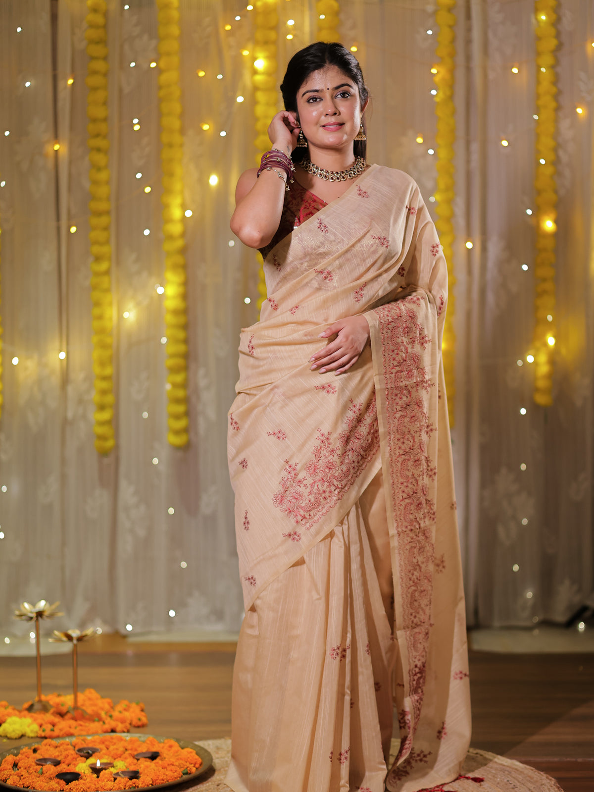 Cotton Saree with embroidery - Beige