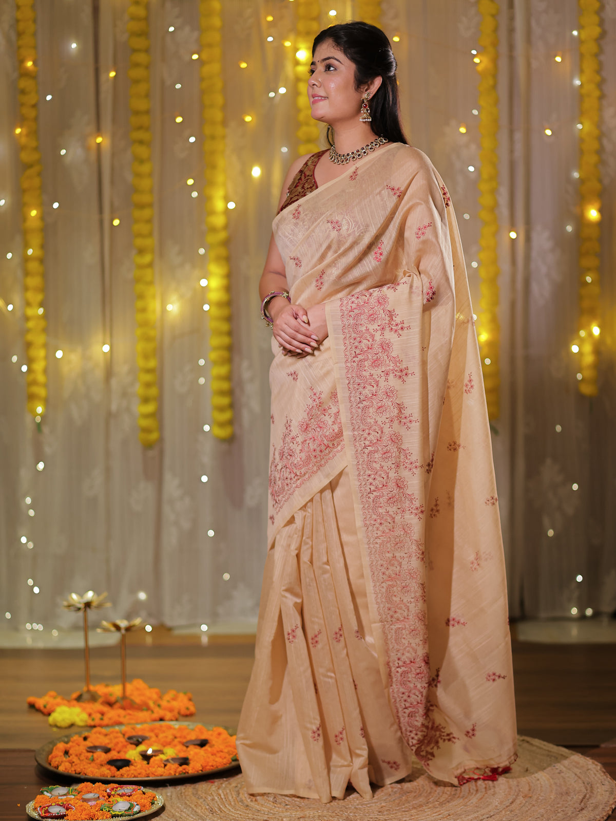 Cotton Saree with embroidery - Beige