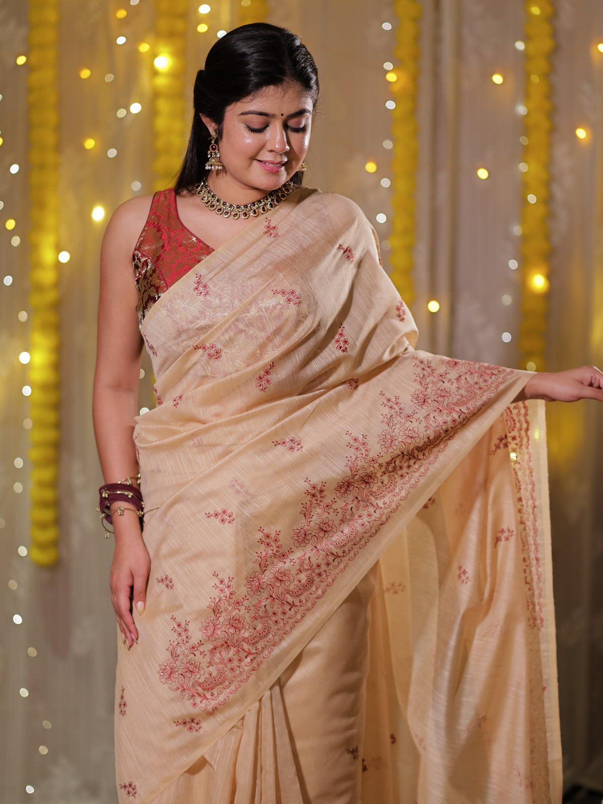 Cotton Saree with embroidery - Beige