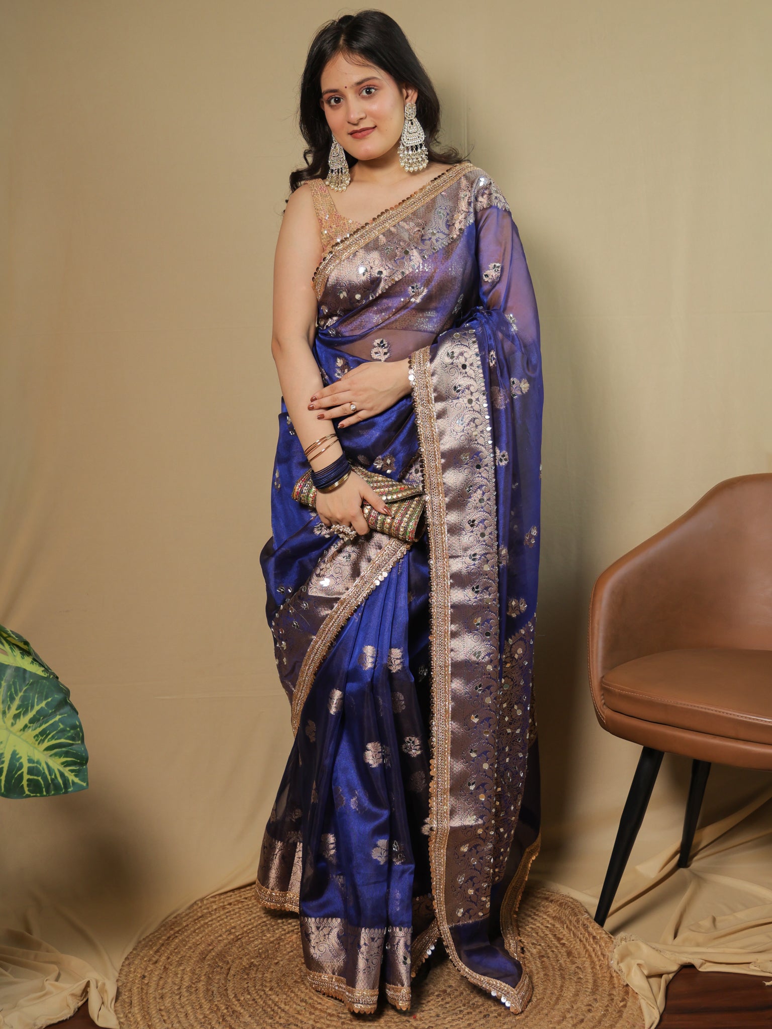Banarasi Tissue Saree With Mirror Work & Lace Border- Navy Blue