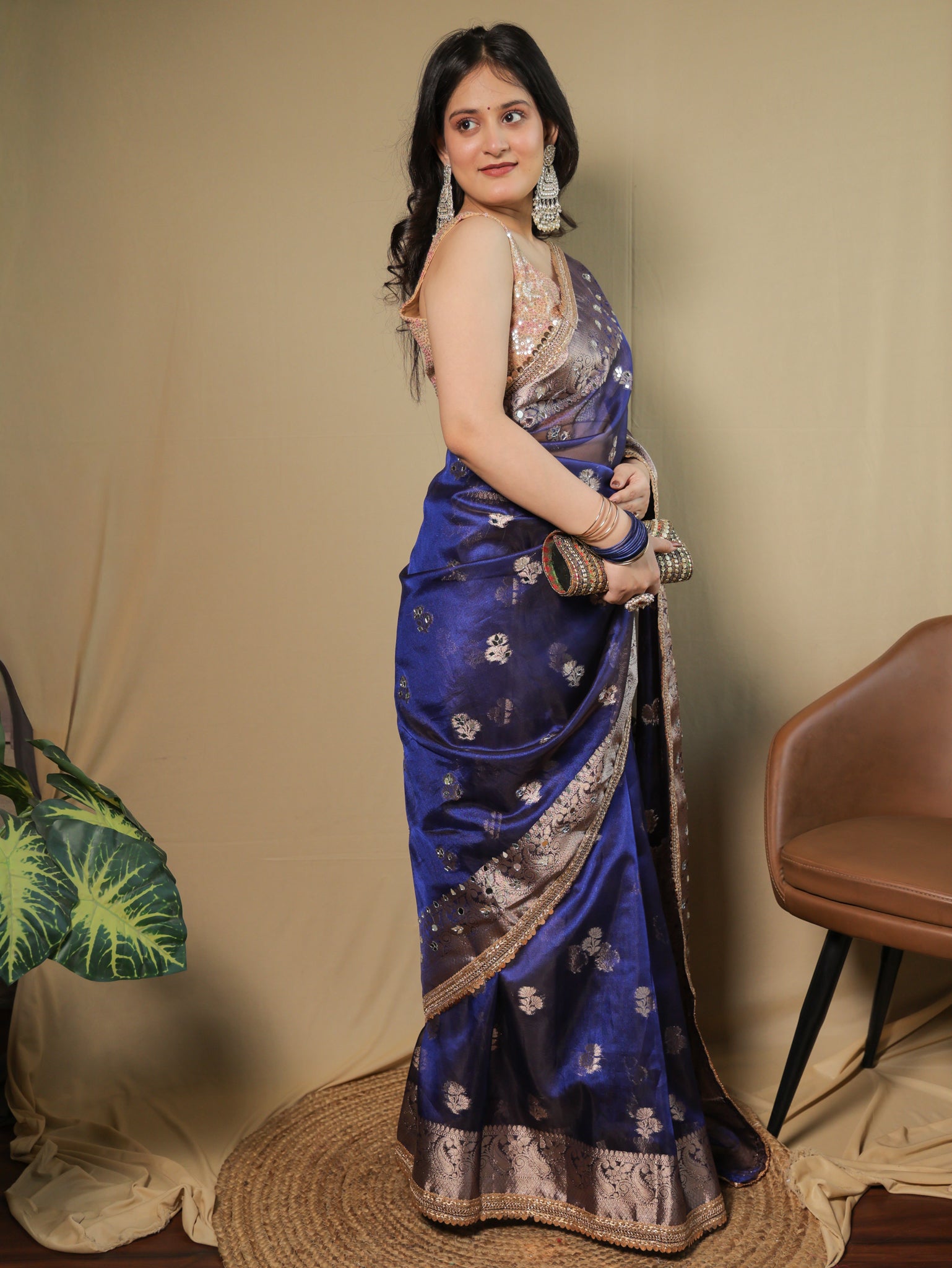 Banarasi Tissue Saree With Mirror Work & Lace Border- Navy Blue