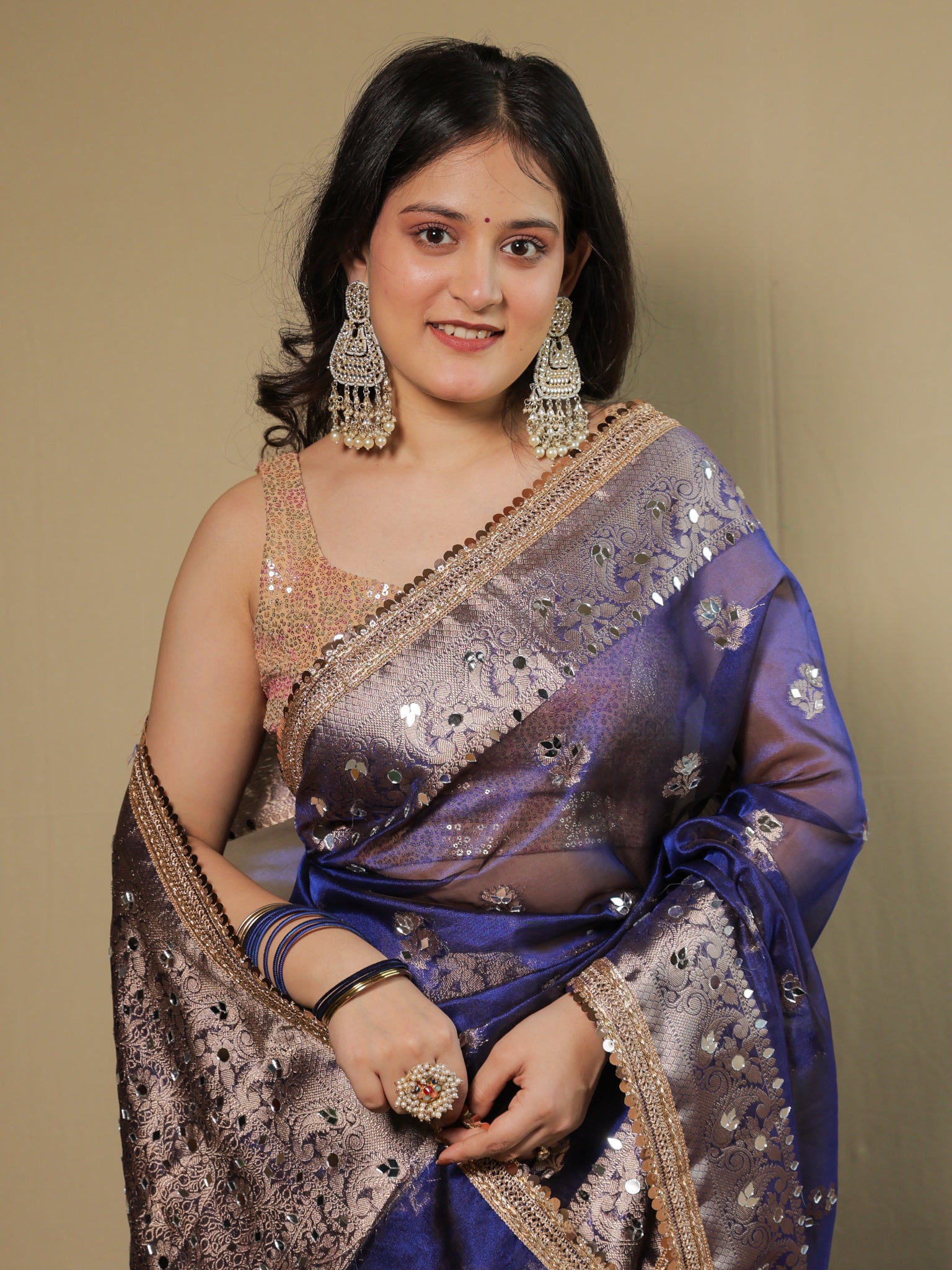 Banarasi Tissue Saree With Mirror Work & Lace Border- Navy Blue