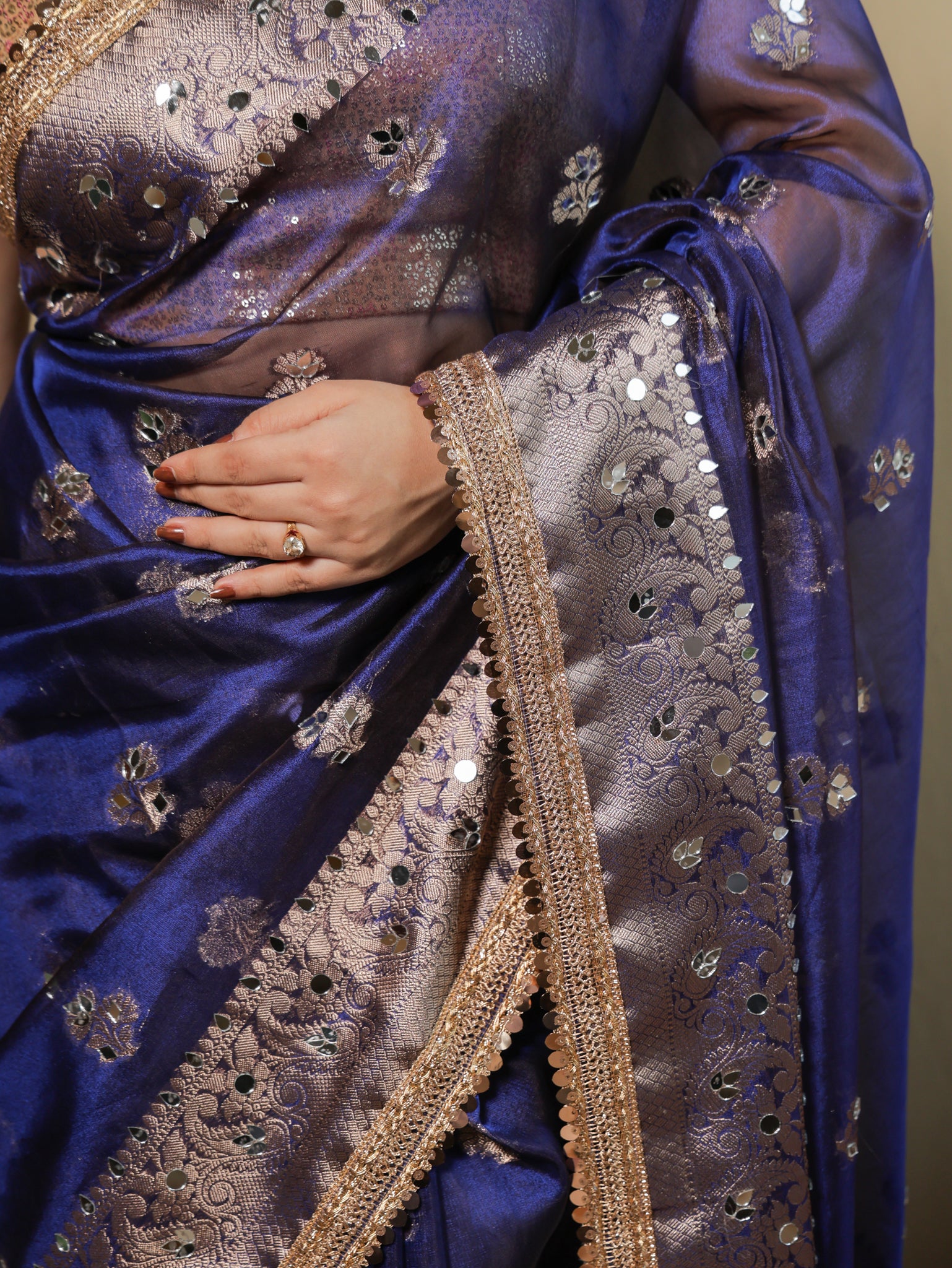 Banarasi Tissue Saree With Mirror Work & Lace Border- Navy Blue