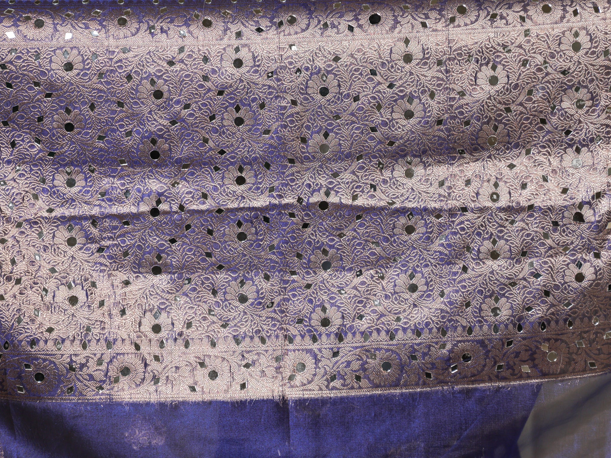Banarasi Tissue Saree With Mirror Work & Lace Border- Navy Blue
