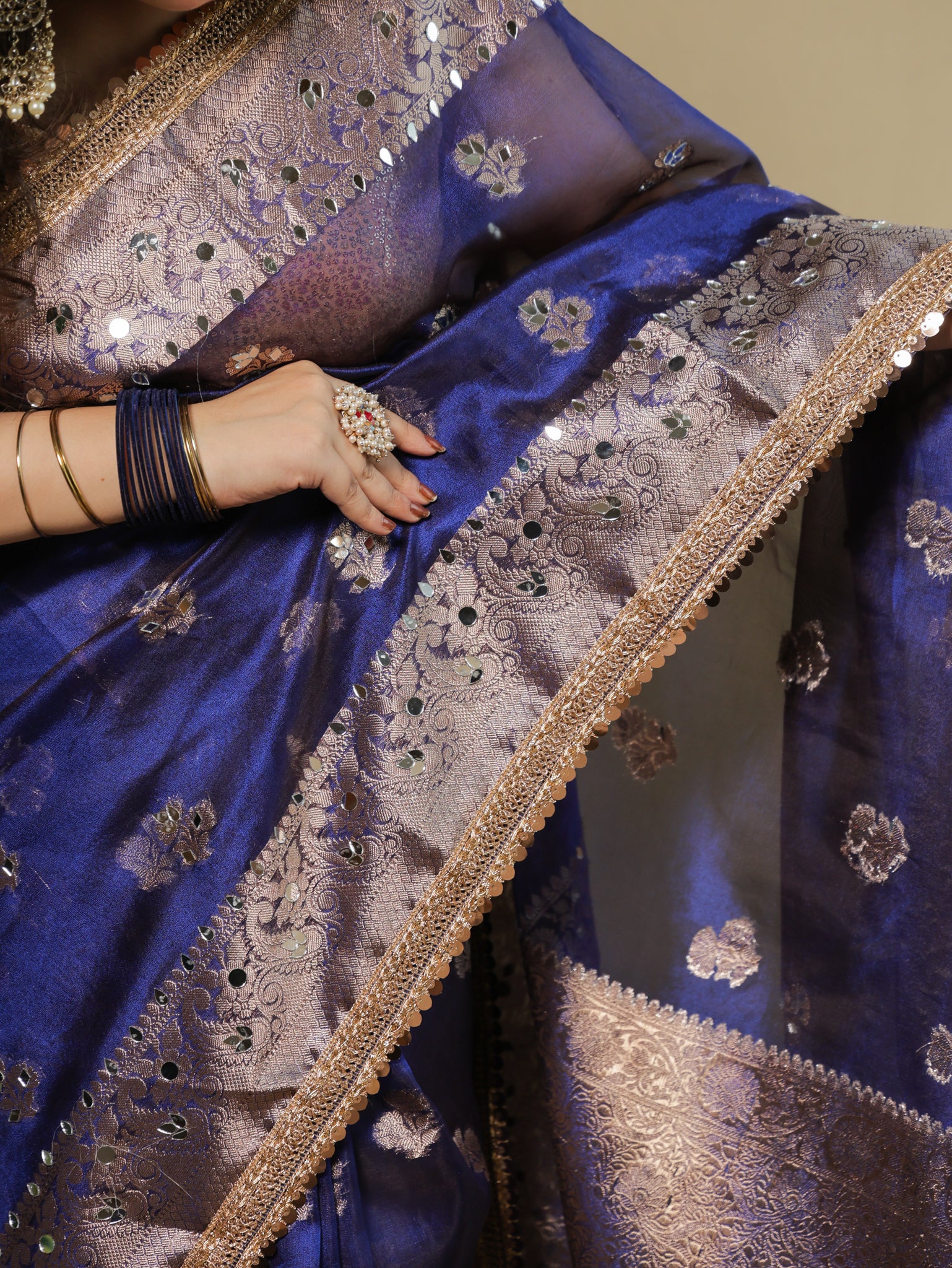 Banarasi Tissue Saree With Mirror Work & Lace Border- Navy Blue