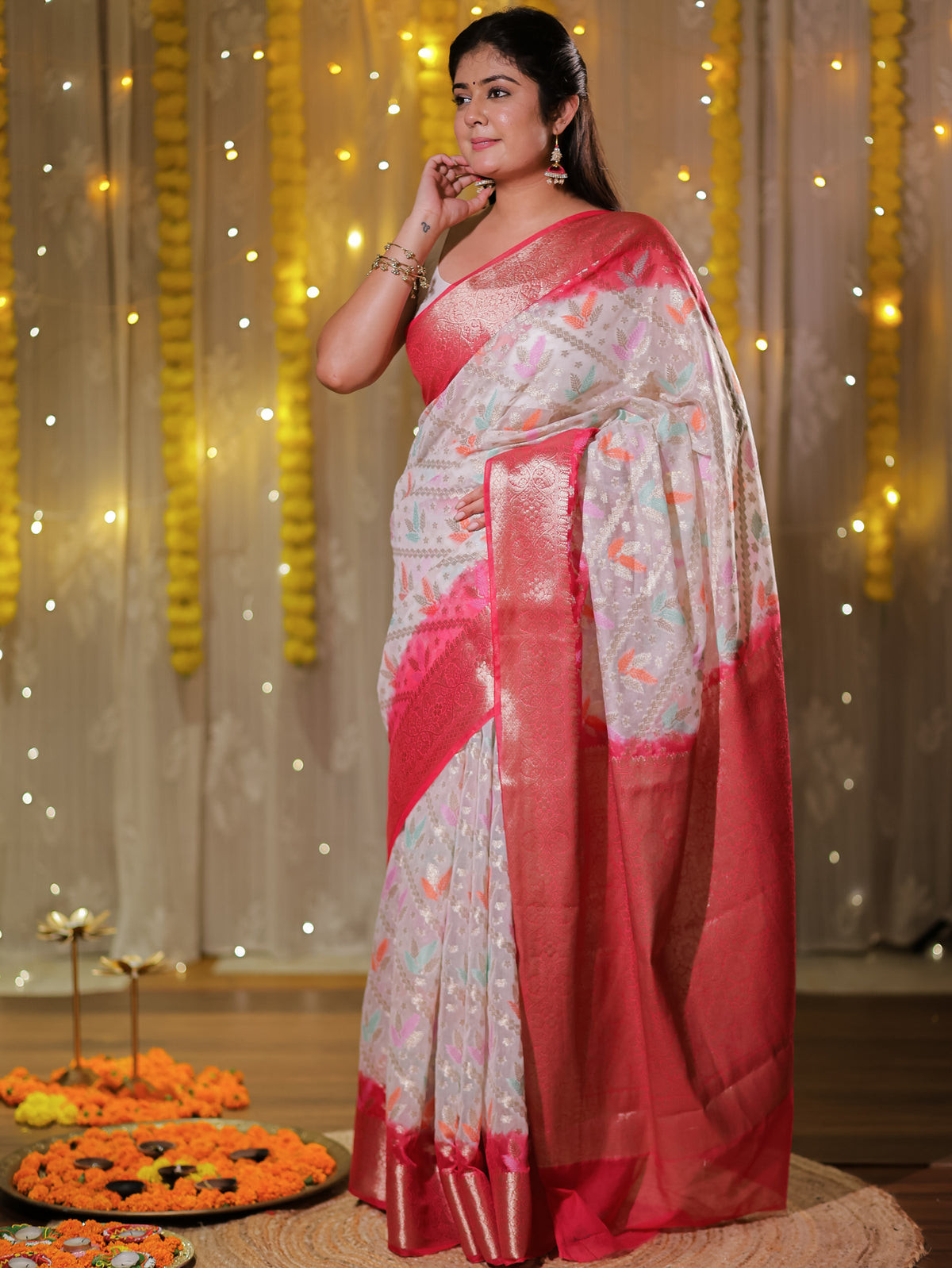 Banarasi Cotton Silk Saree with Zari Weaving & Contrast Border- White & Red